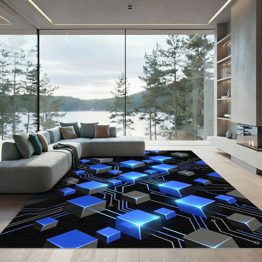 Luminous Blue Isometric Circuit Grid Rug