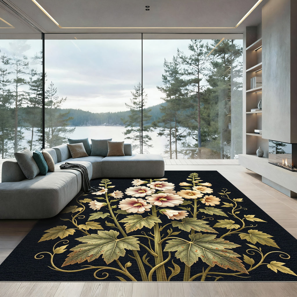 Cream Pink Hibiscus Botanical Illustration Rug