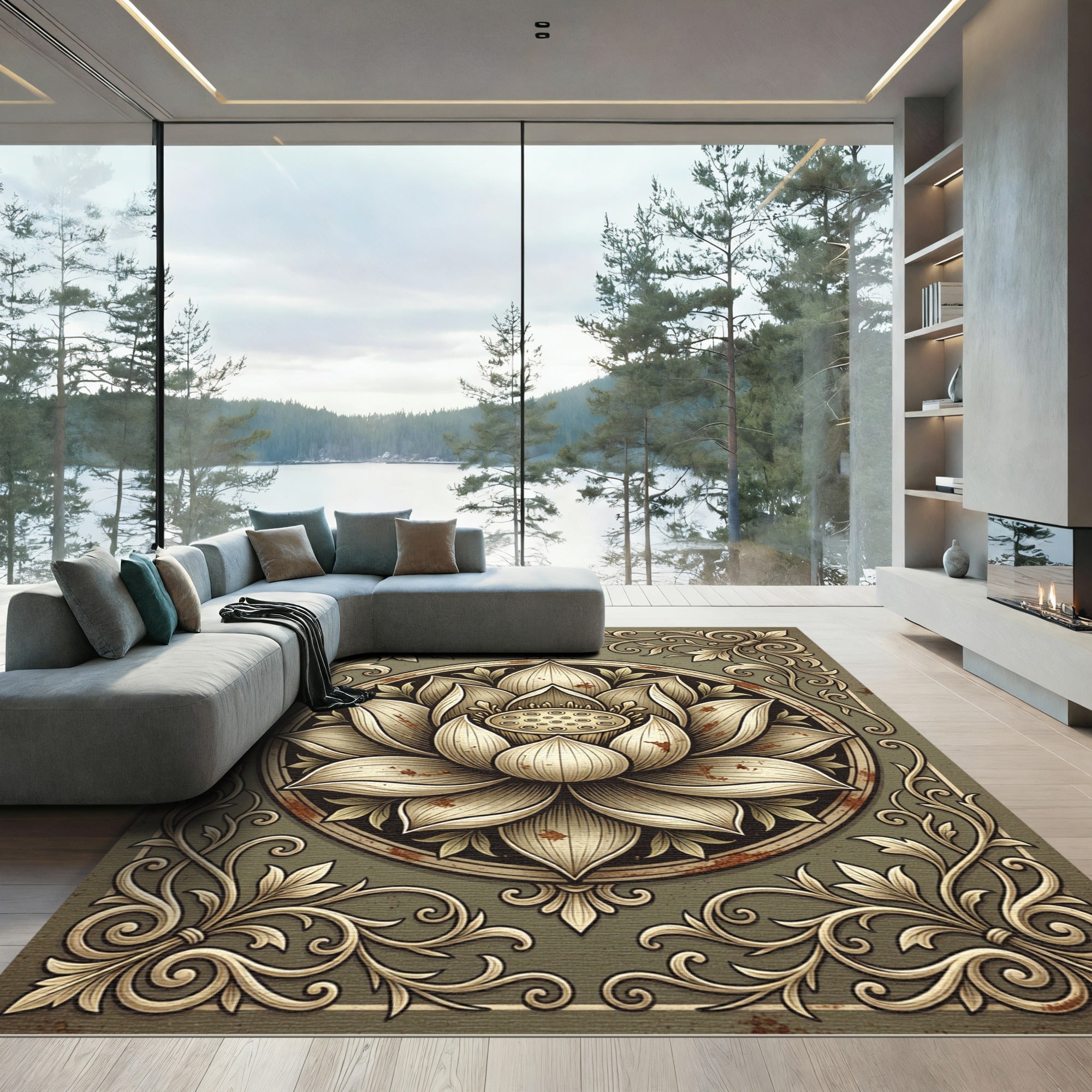 Elegant Golden Lotus Floral Medallion Rug