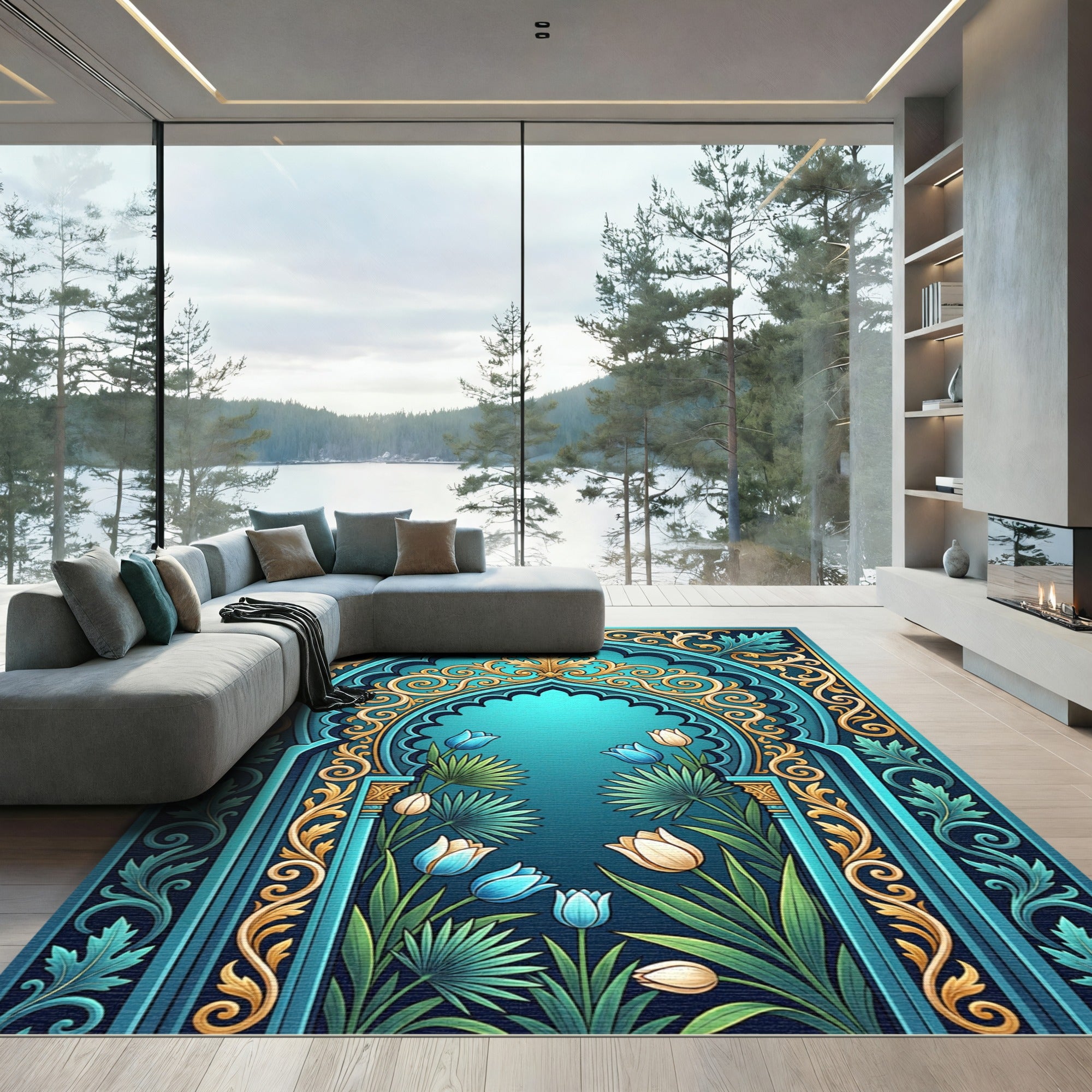 Turquoise Golden Floral Arch Garden Rug