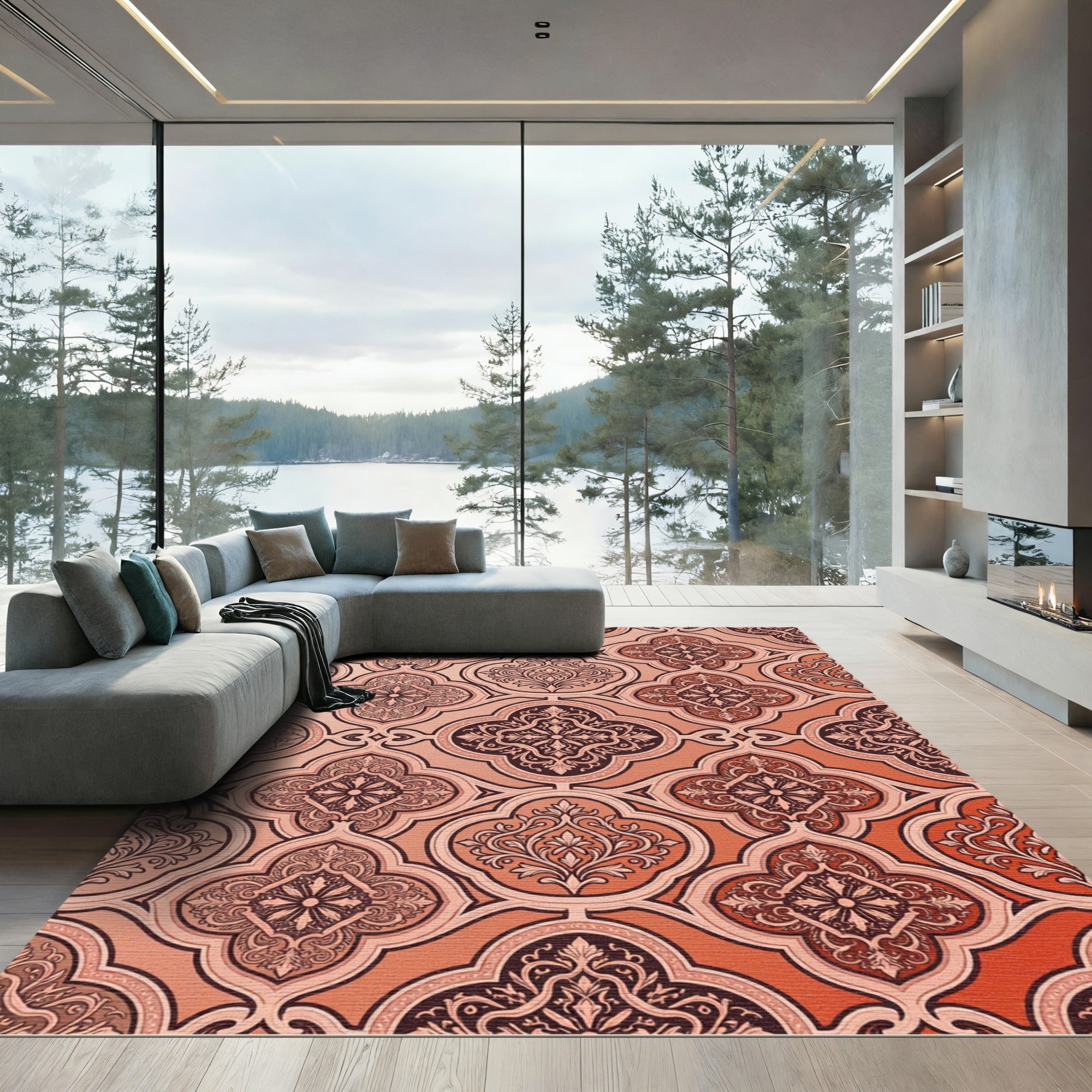 Coral Red Arabesque Medallion Scroll Rug