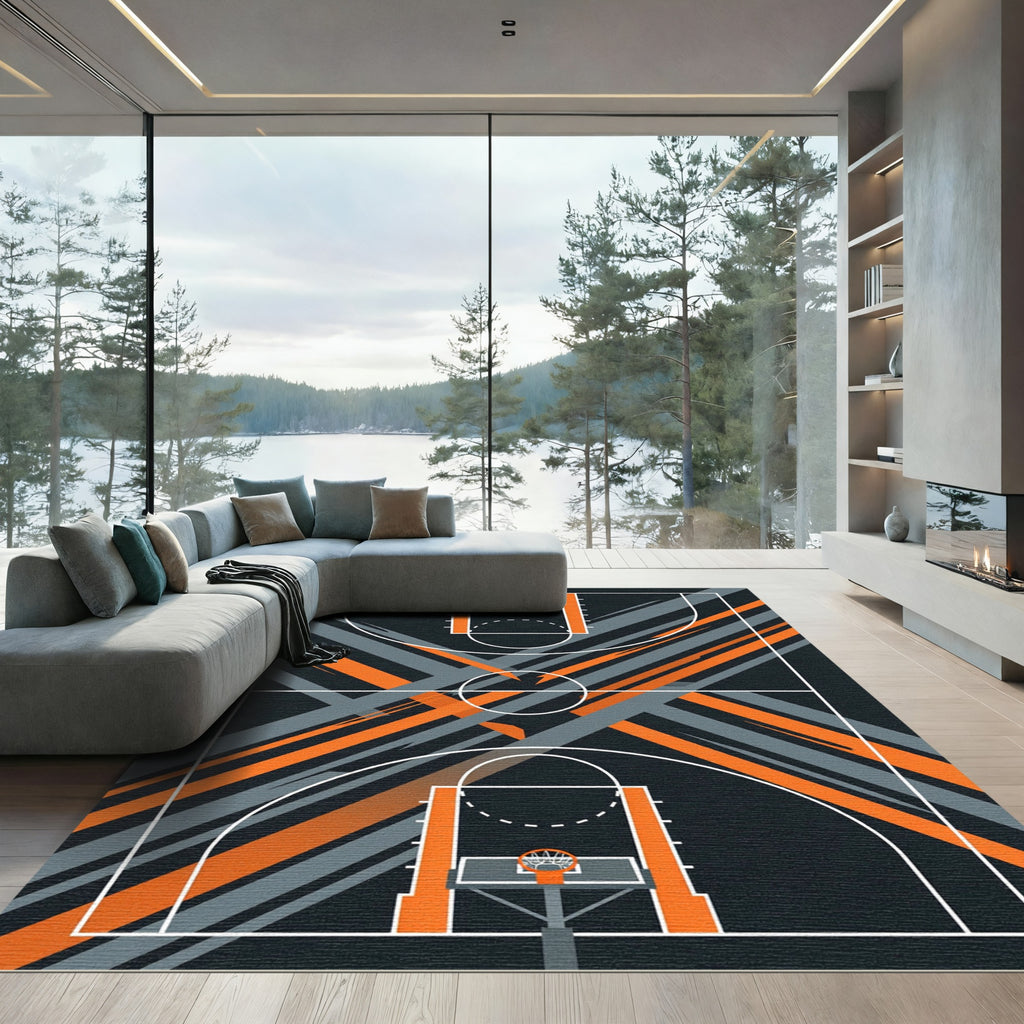 Modern Abstract Basketball Court Gray and Orange Rug