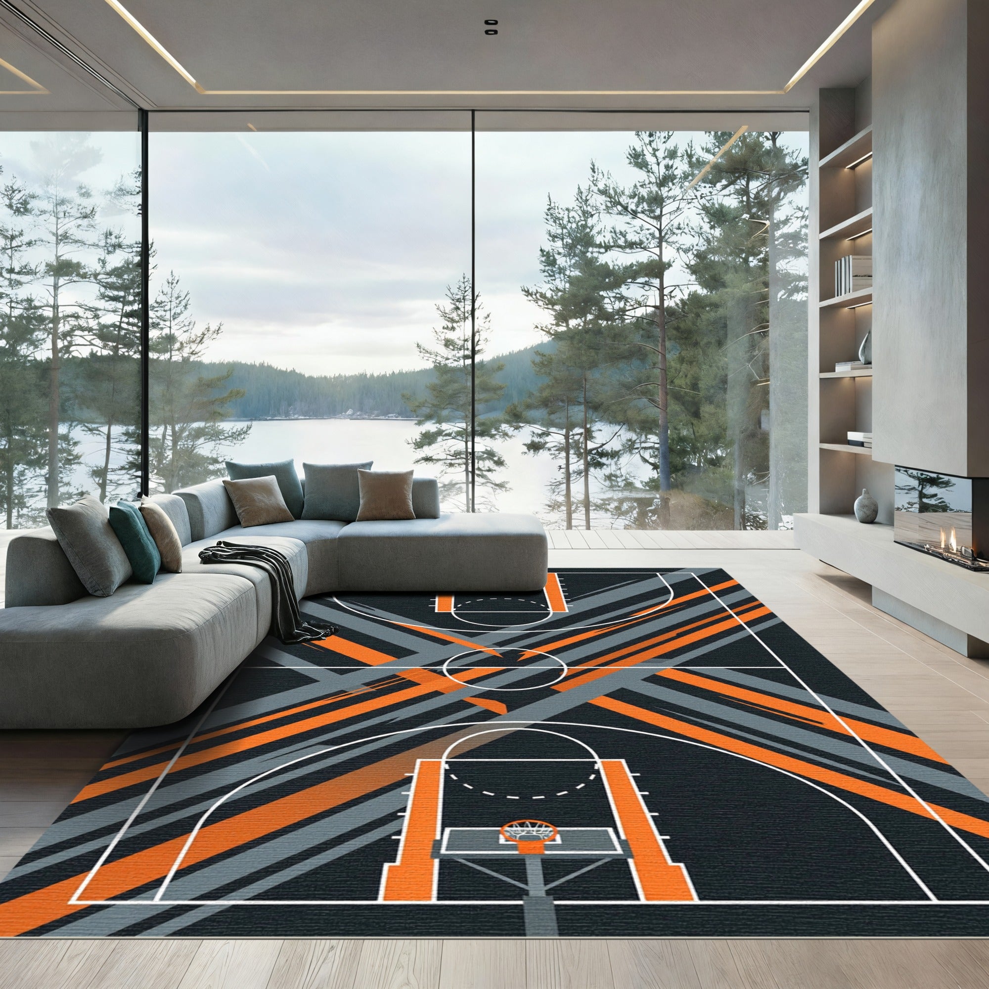 Modern Abstract Basketball Court Gray and Orange Rug