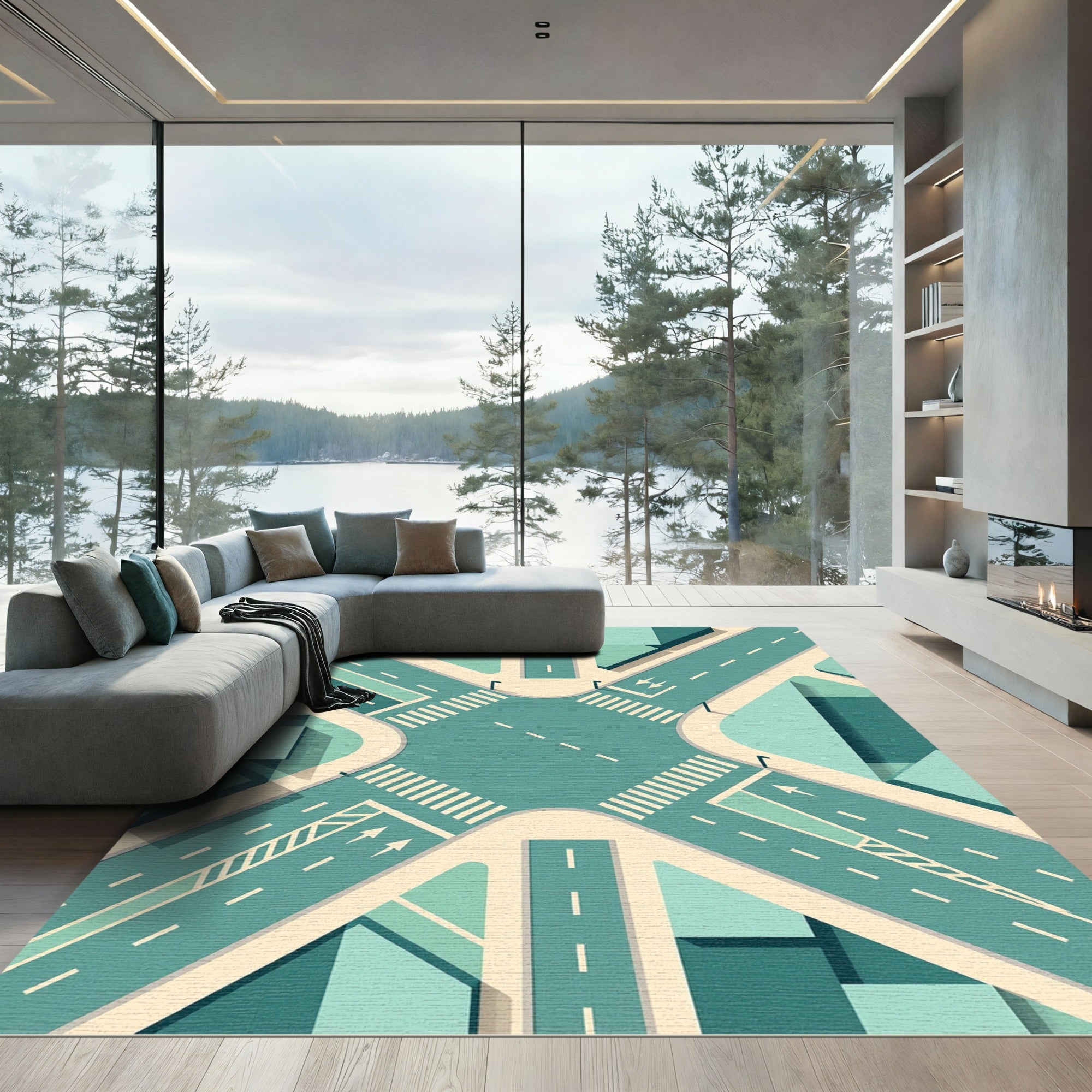 Geometric Teal Urban Intersection Grid Rug