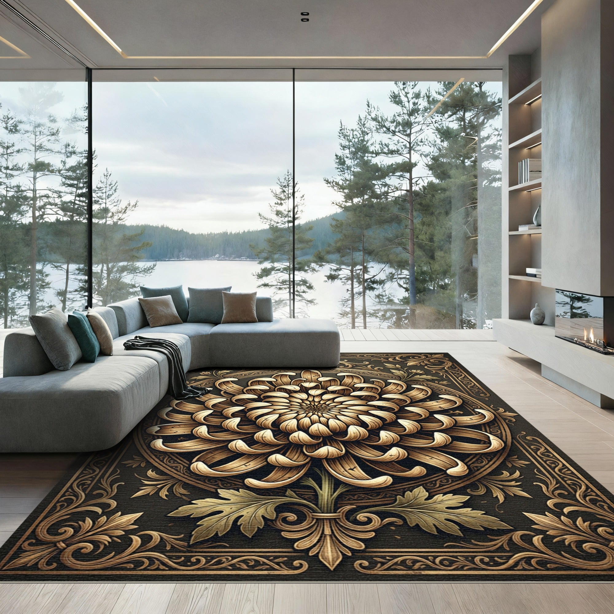Golden Chrysanthemum Ornate Floral Medallion Rug
