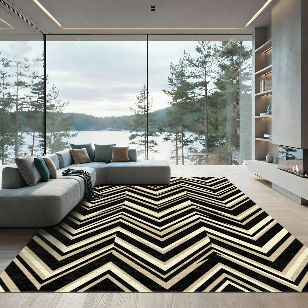 Modern Black and Cream Zigzag Chevron Rug