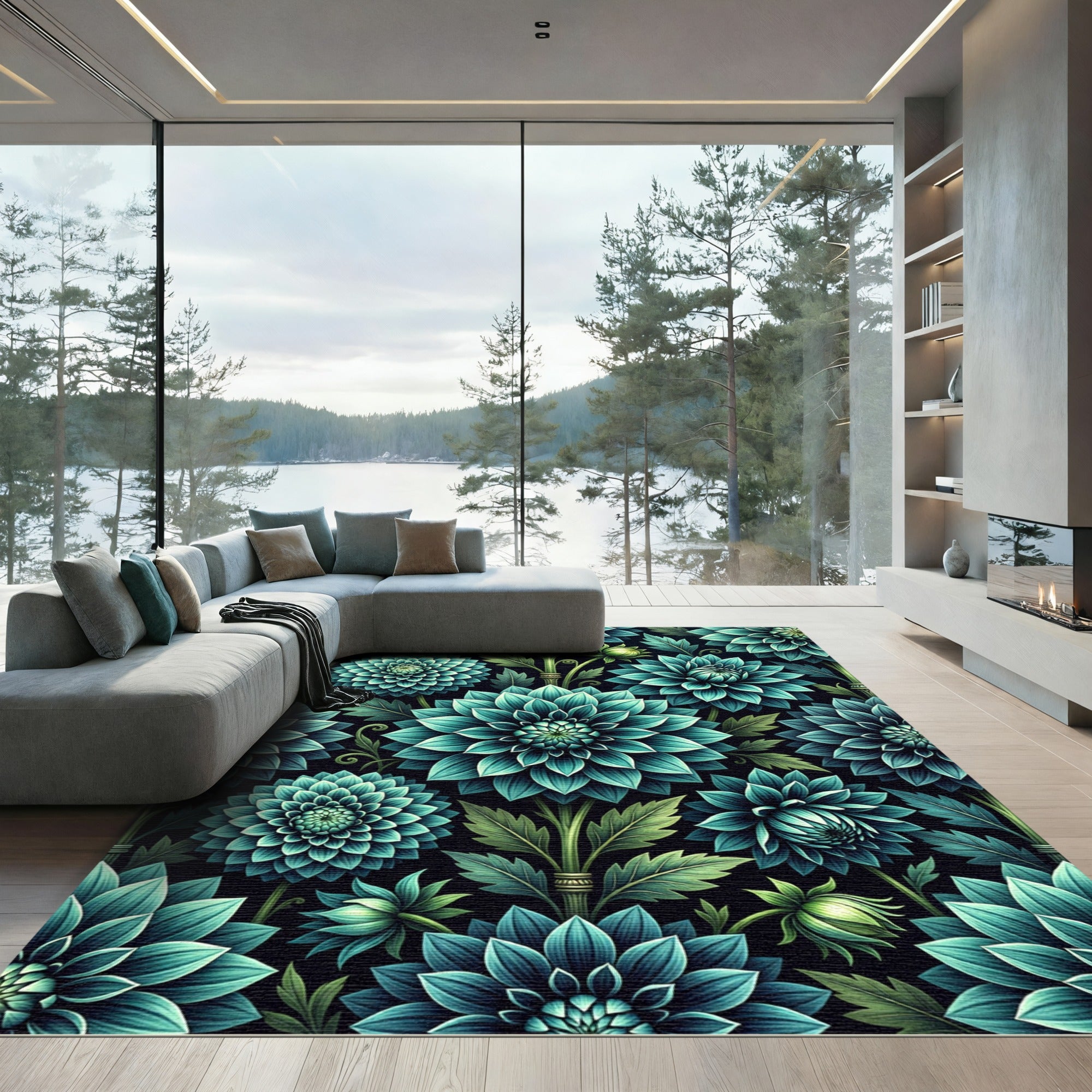 Teal Botanical Dhalia Blooms Rug