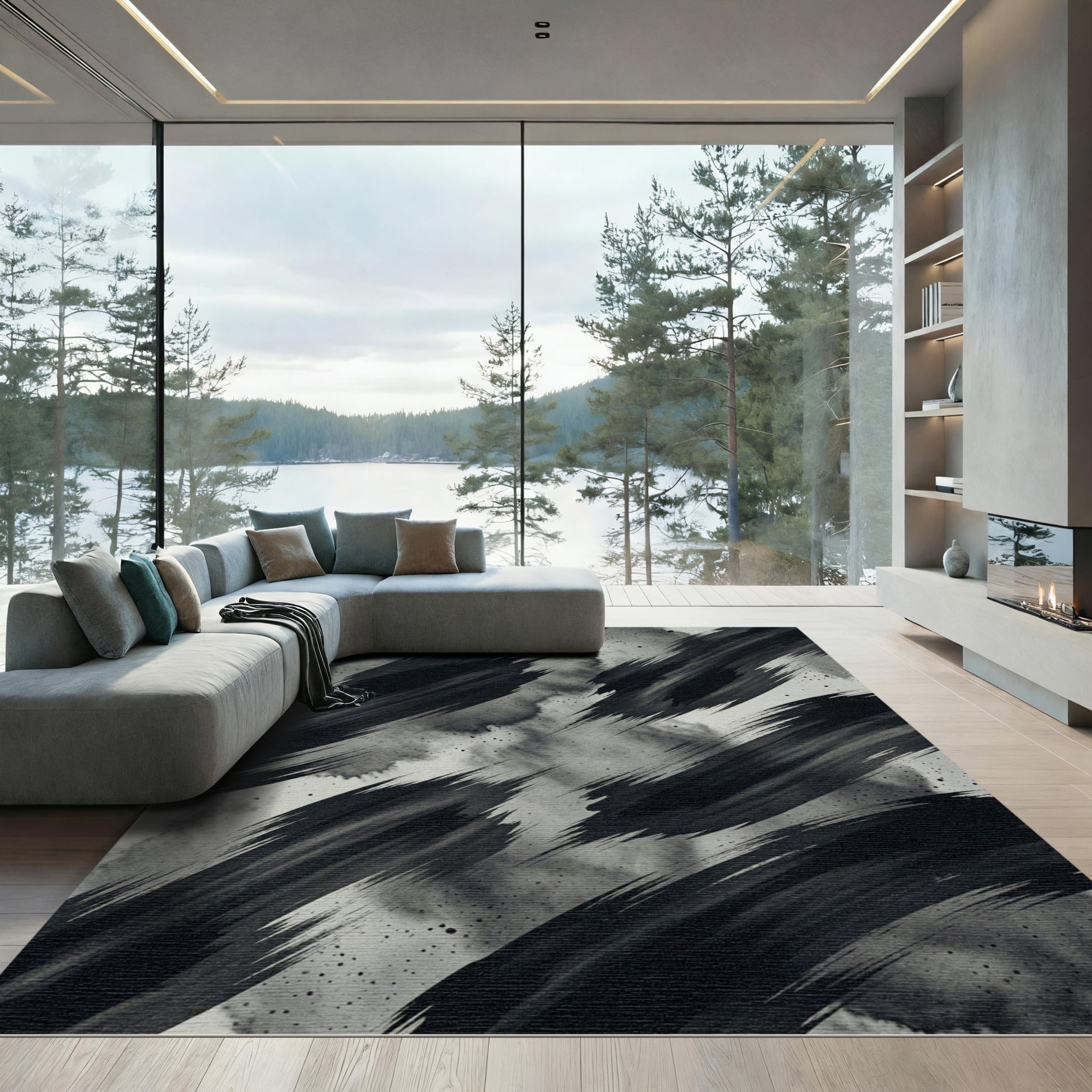 Monochrome Abstract Ink Stroke Rug