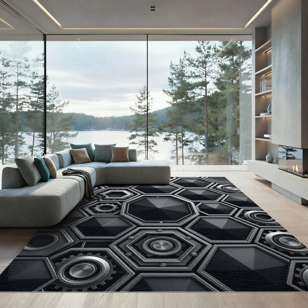 Monochrome Industrial Metallic Hexagonal Structure Rug