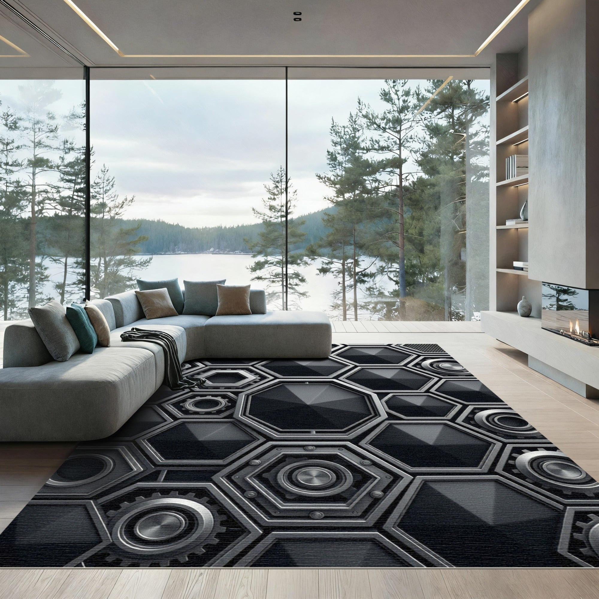 Monochrome Industrial Metallic Hexagonal Structure Rug