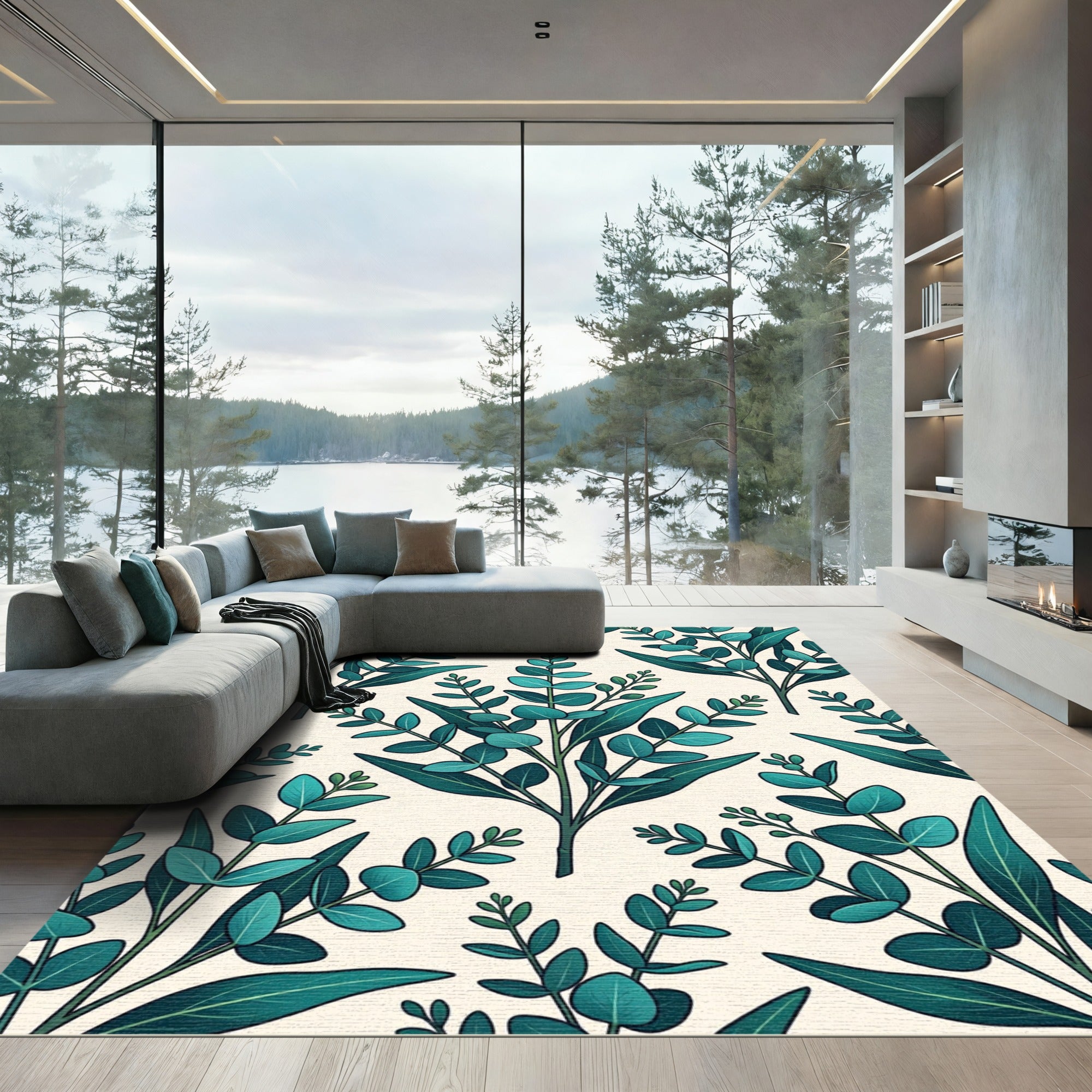Lush Teal Eucalyptus Leaf Botanical Rug