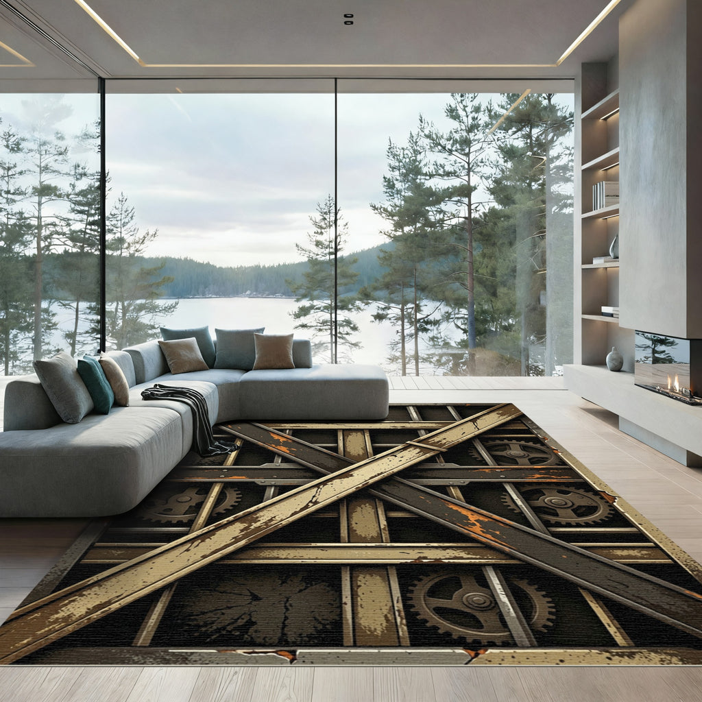 Industrial Gear And Metal Grid Rug