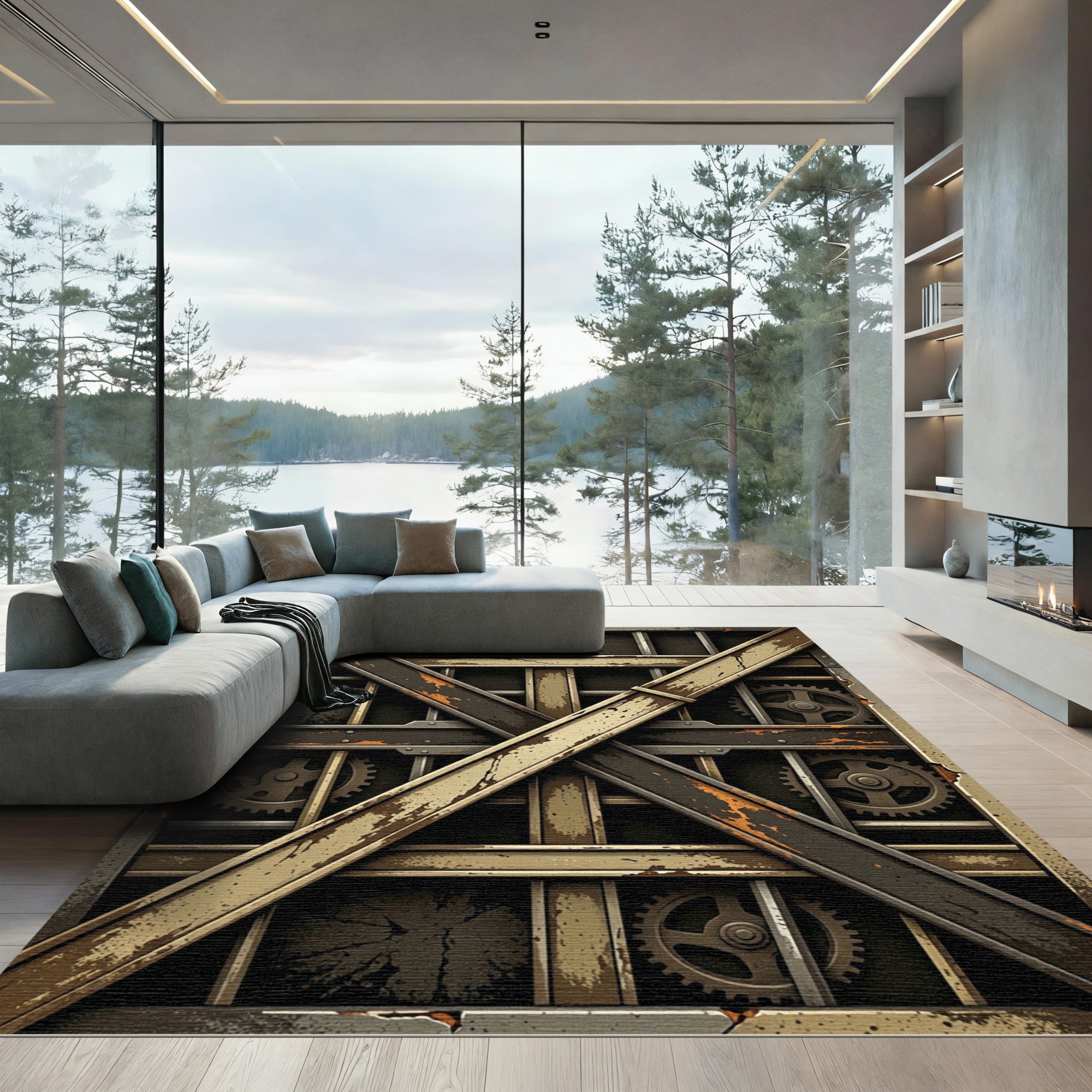 Industrial Gear And Metal Grid Rug