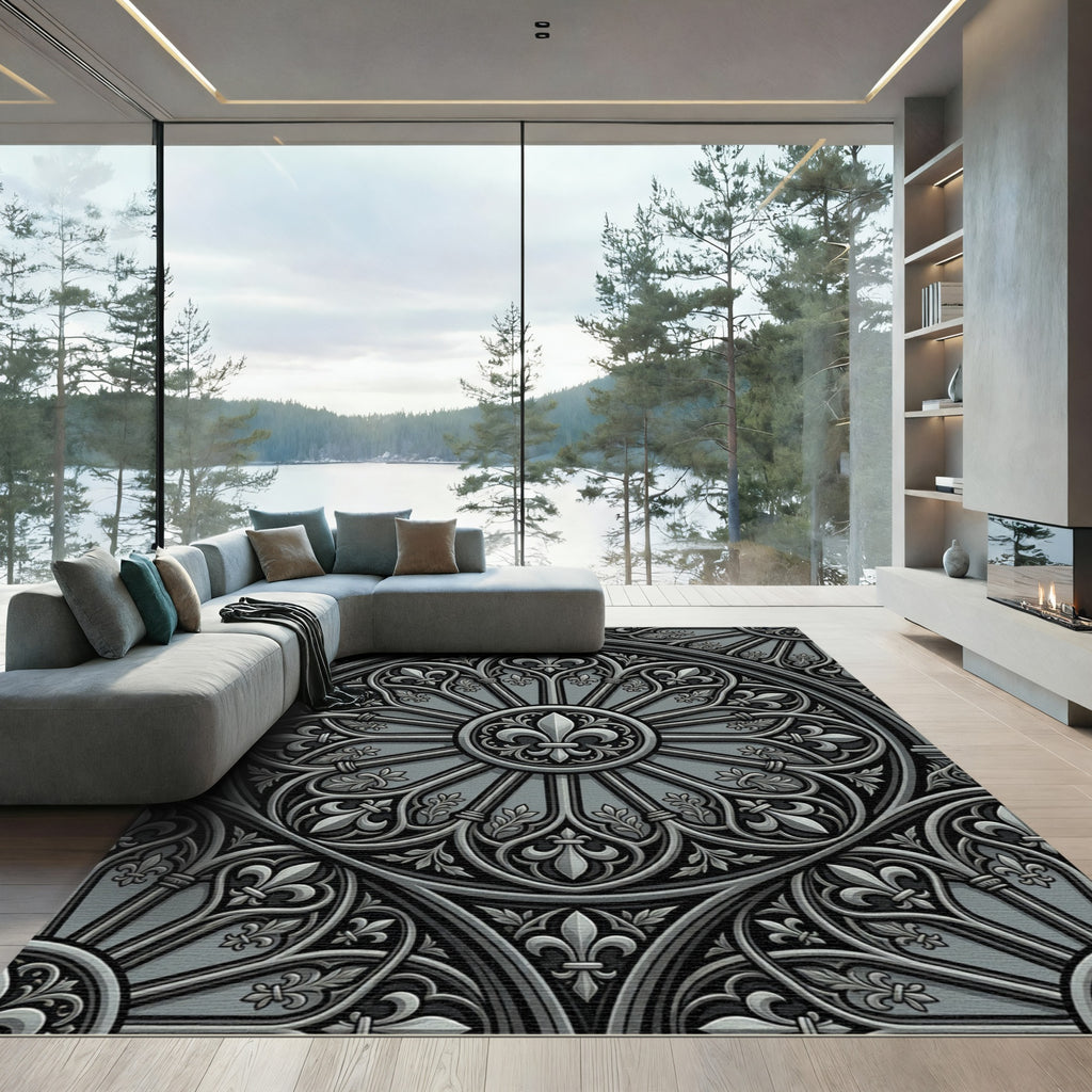 Gothic Charcoal Fleur de Lis Medallion Rug