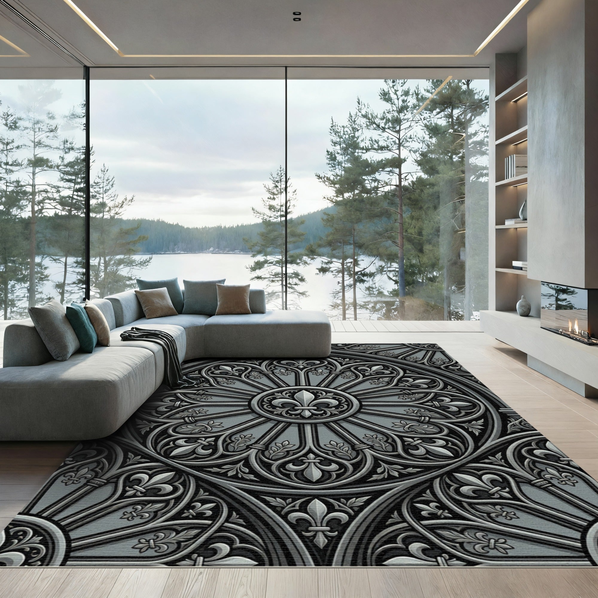 Gothic Charcoal Fleur de Lis Medallion Rug