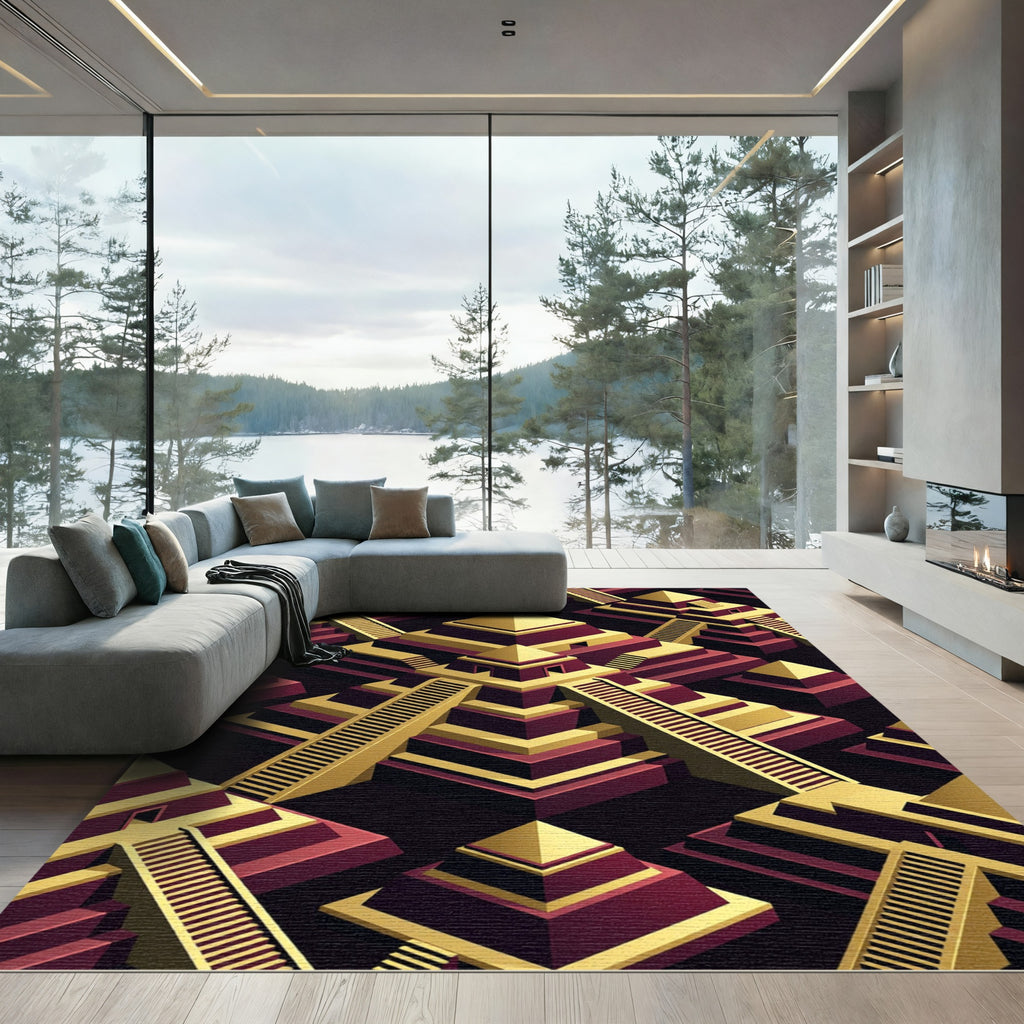 Golden Geometric Pyramid Step Art Rug