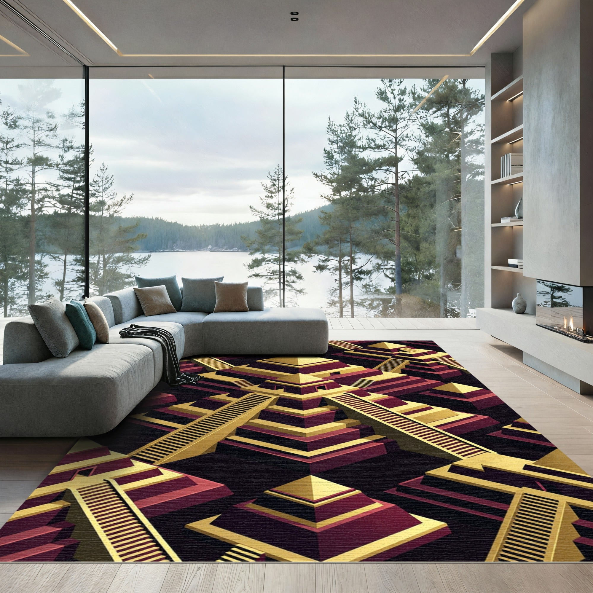 Golden Geometric Pyramid Step Art Rug