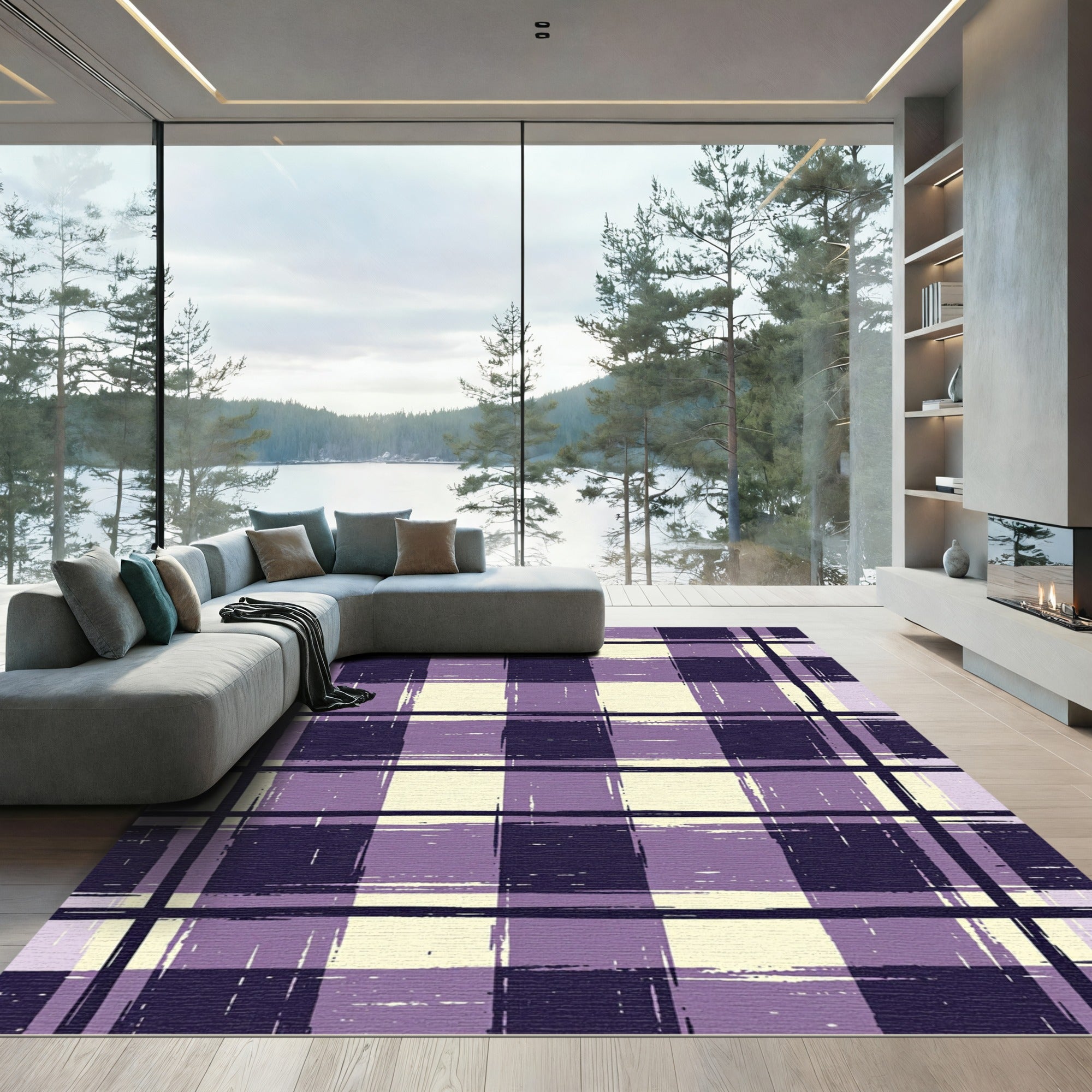 Purple Cream Brushed Plaid Check Rug