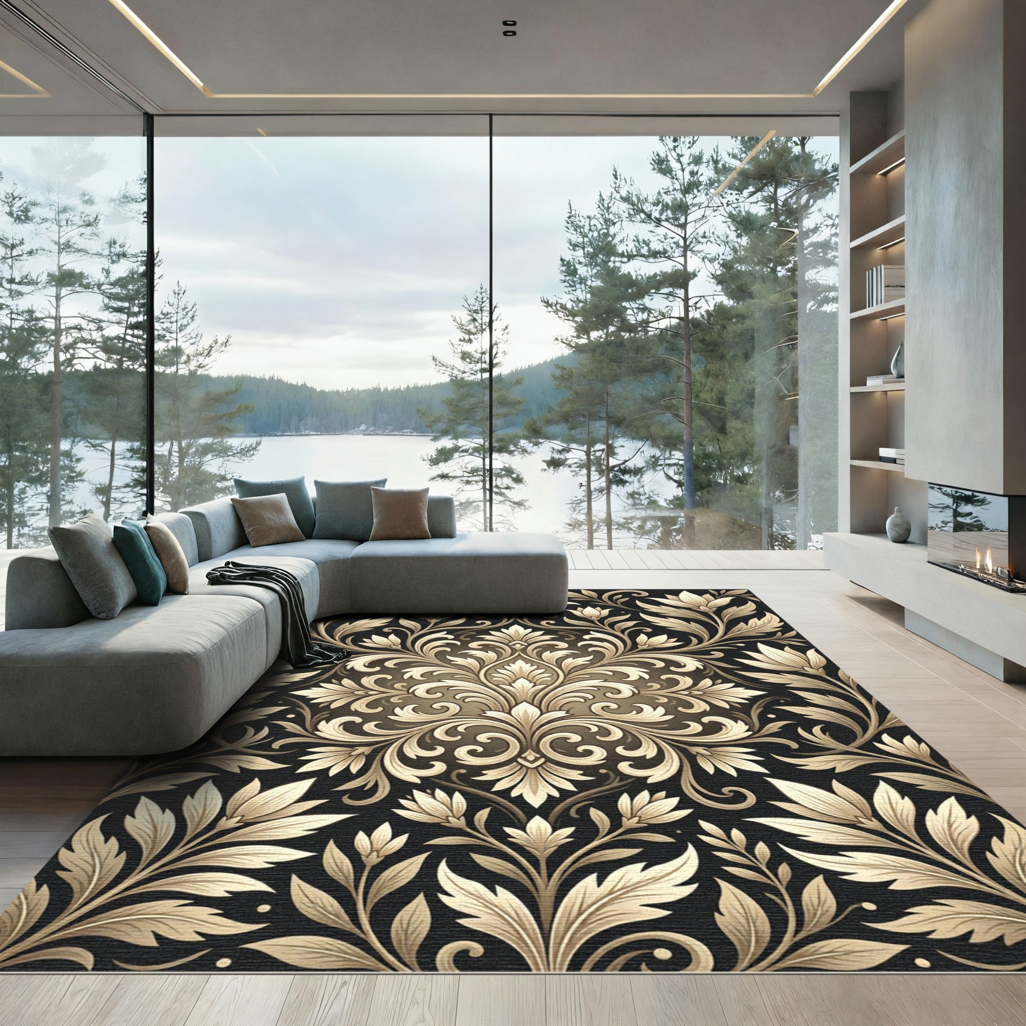 Gold Baroque Floral Damask Rug