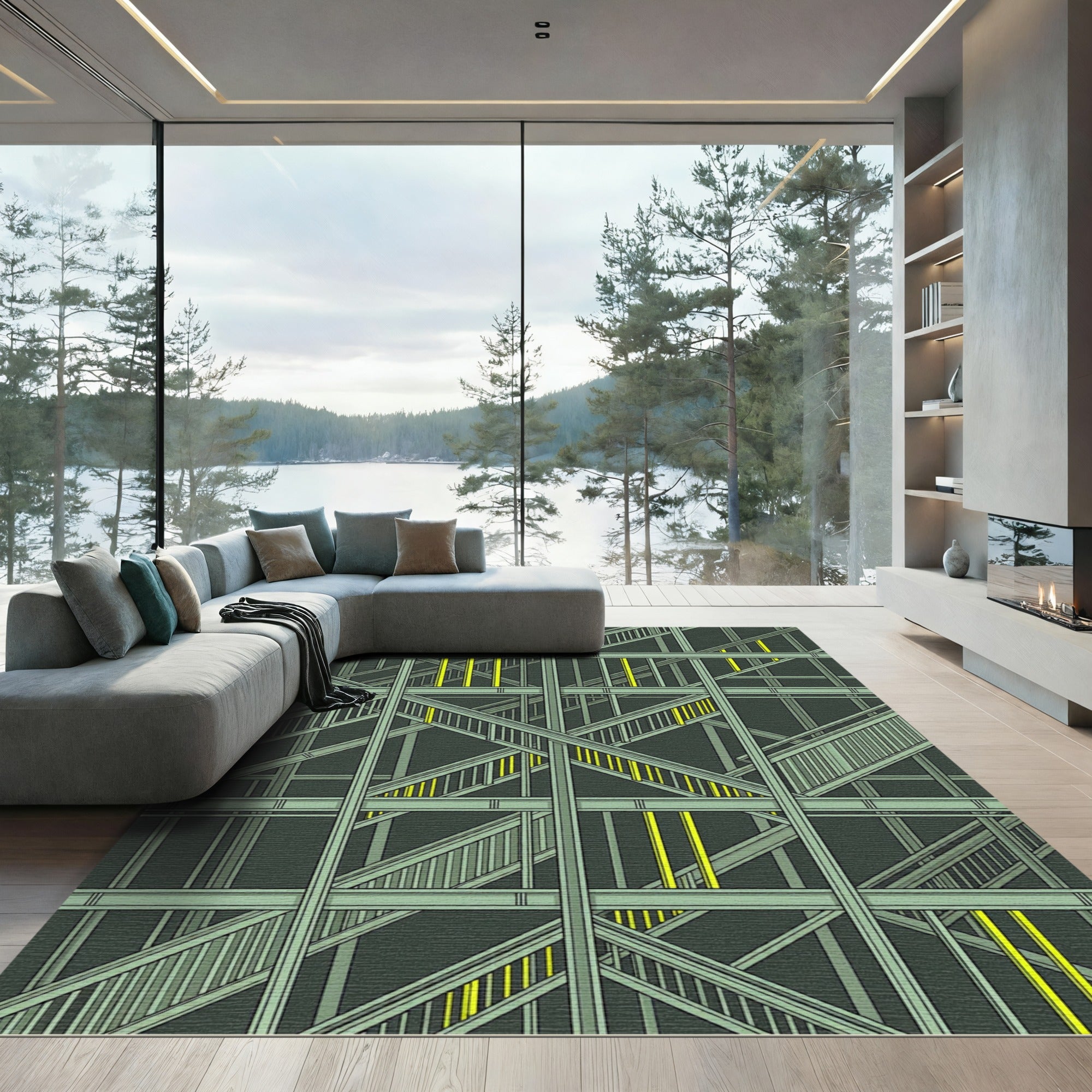 Industrial Green Geometric Staircase Array Rug