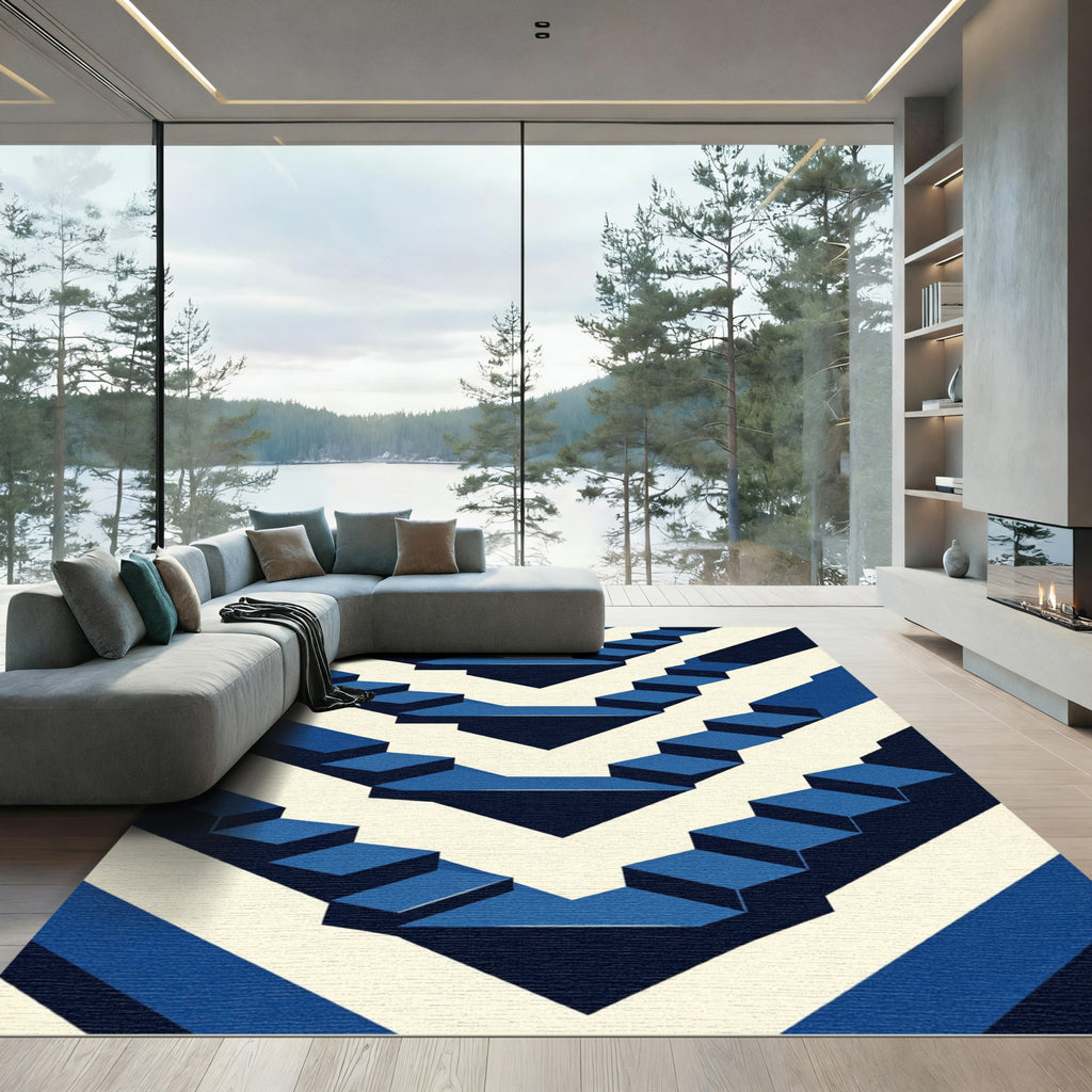Navy Blue Geometric Illusion Steps Rug