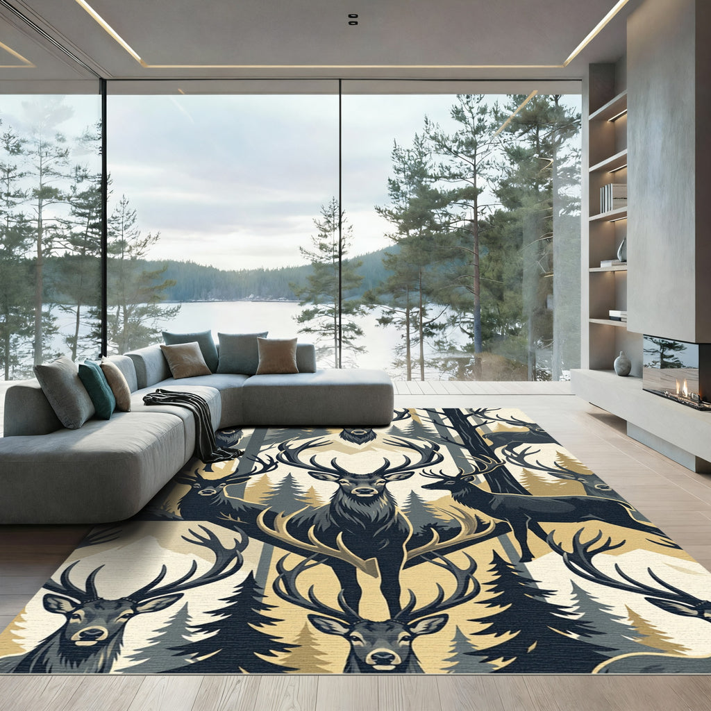 Majestic Forest Stag Cream Gold Rug