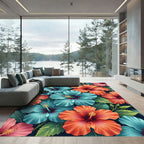 Vibrant Tropical Hibiscus Floral Botanical Rug