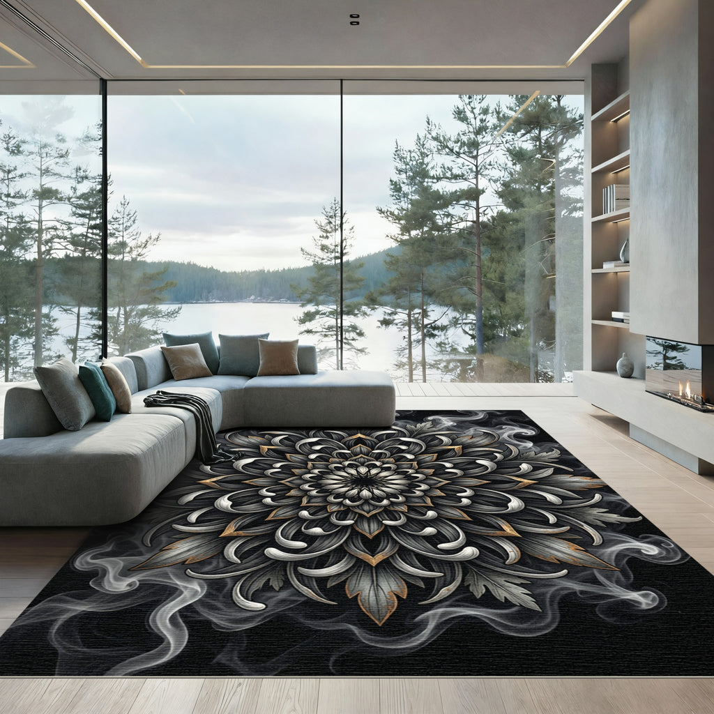 Monochrome Silver Gilded Floral Mandala Rug