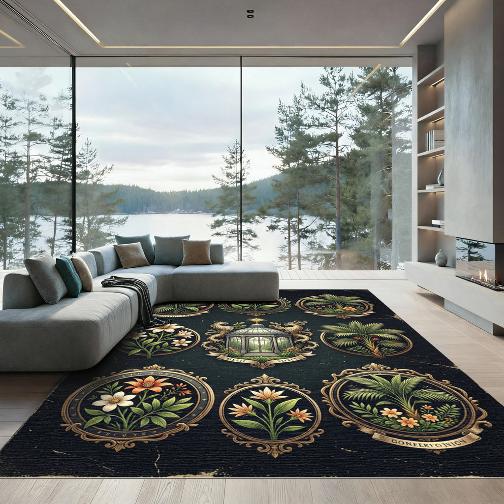 Ornate Floral Conservatory Emblem Rug