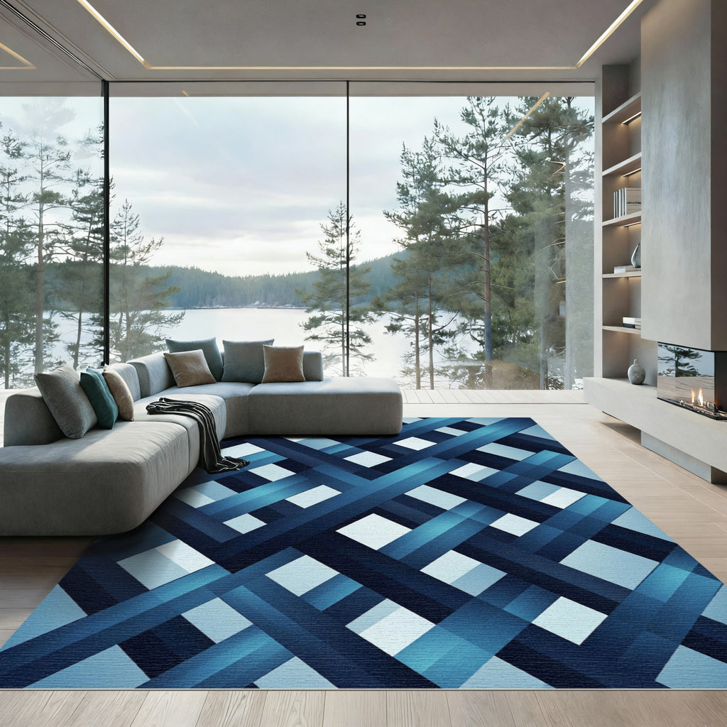 Modern Navy Blue Geometric Interwoven Rug