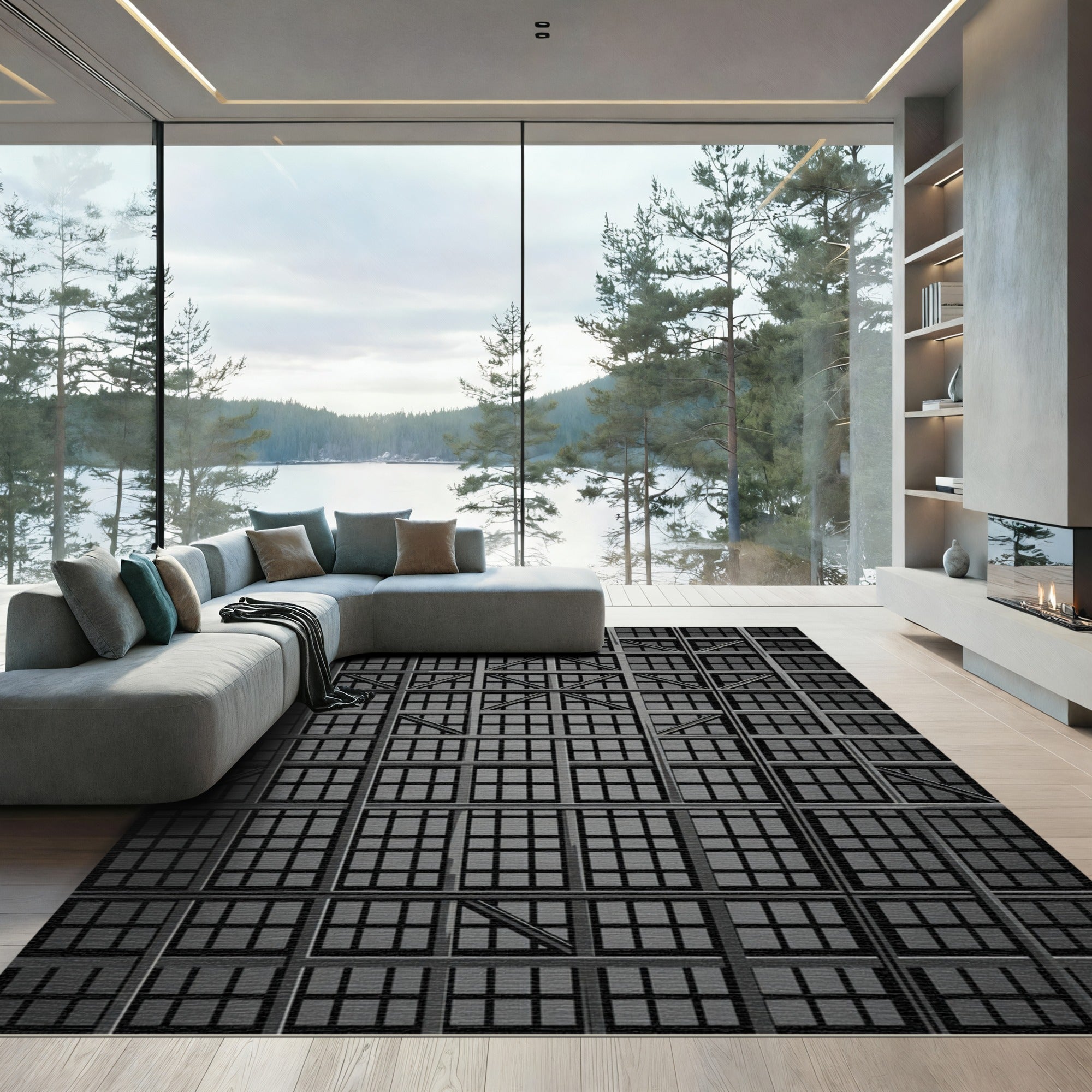Gray Industrial Grid Structure Rug