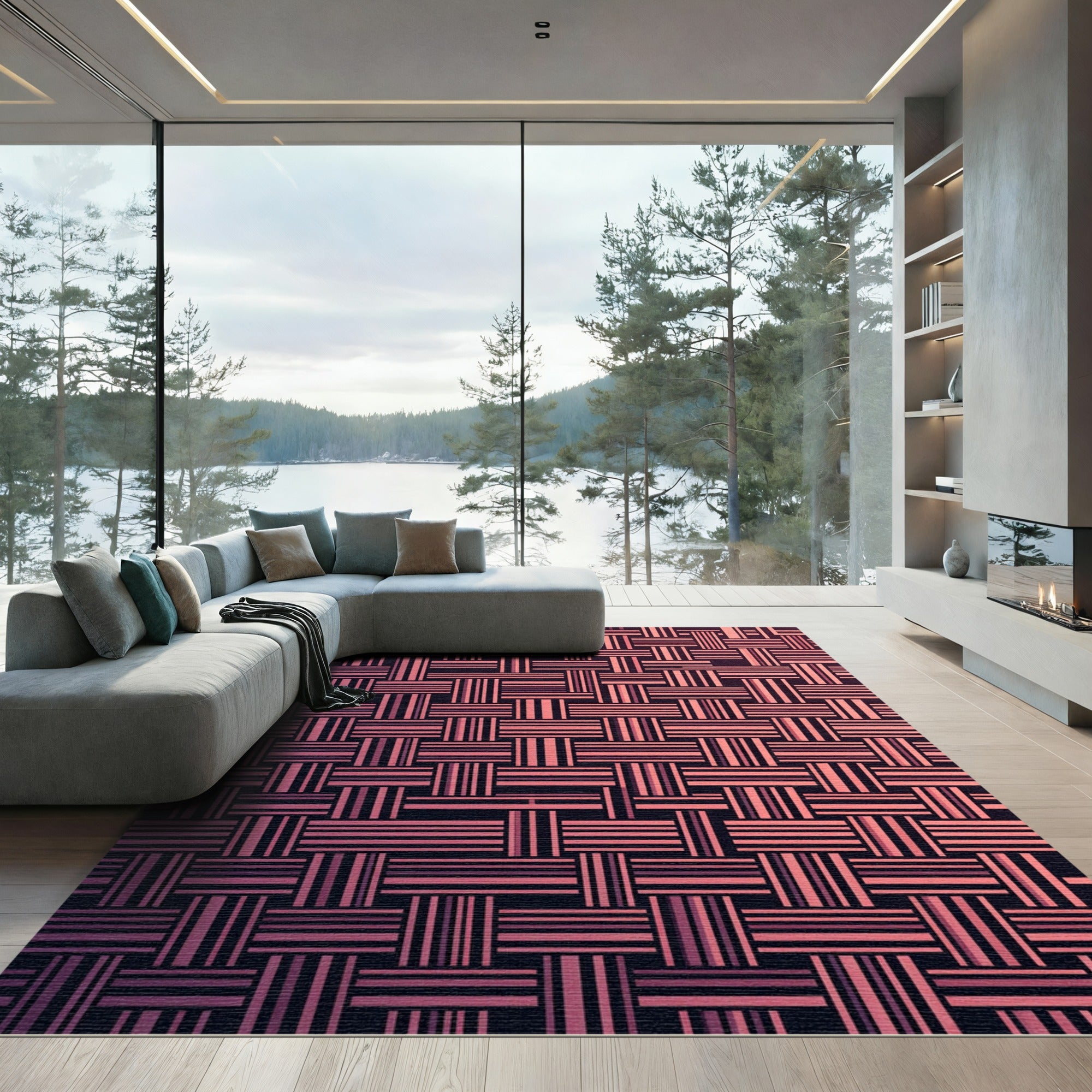 Modern Blush Rose Woven Basket Grid Rug