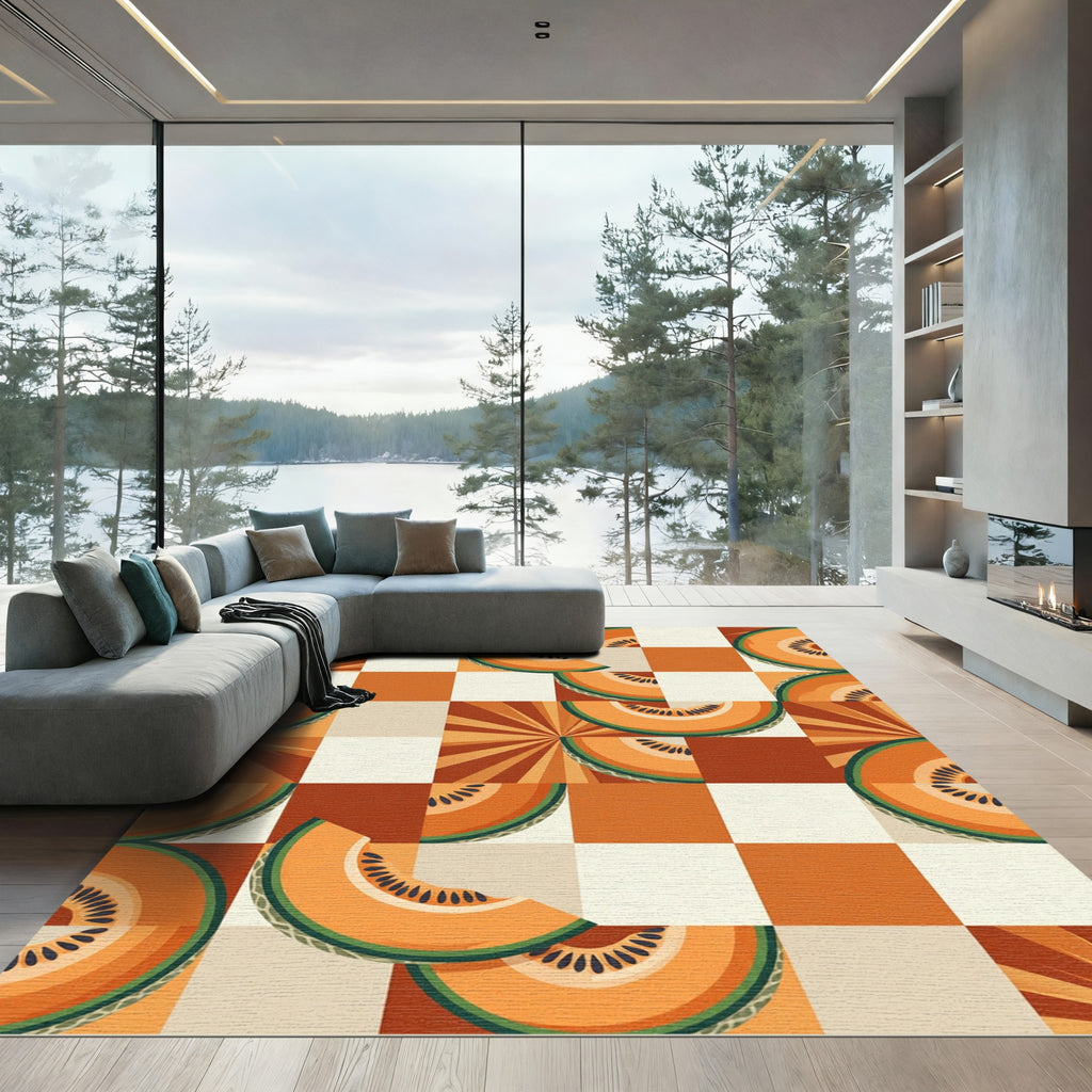 Orange Cantaloupe Slice Sunburst Square Rug