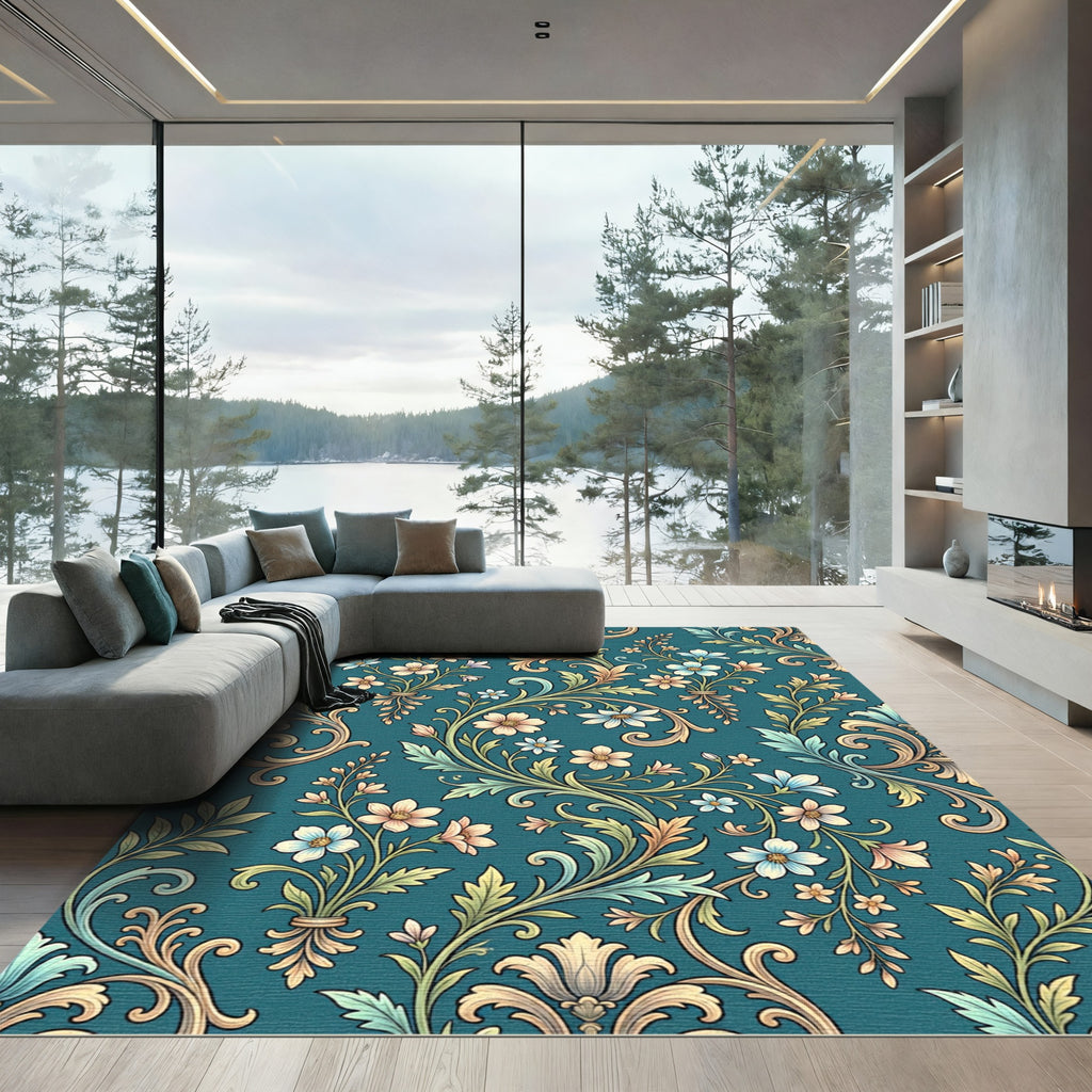 Elegant Teal Floral Scroll Damask Rug