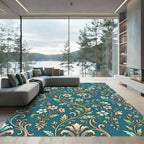 Elegant Teal Floral Scroll Damask Rug