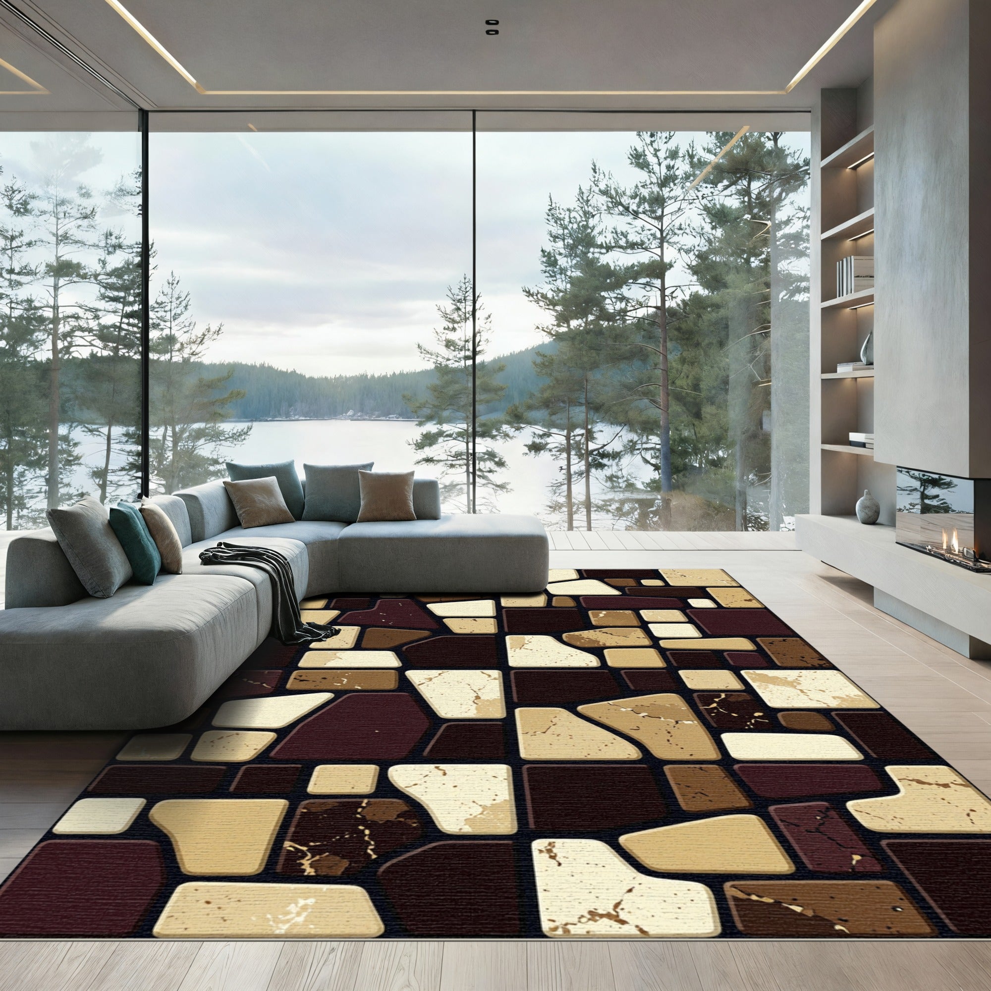 Earthy Stone Mosaic Irregular Shapes Rug