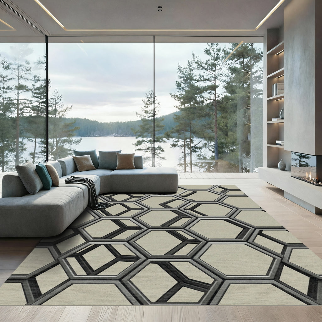 Modern Gray Geometric Hexagonal Grid Rug