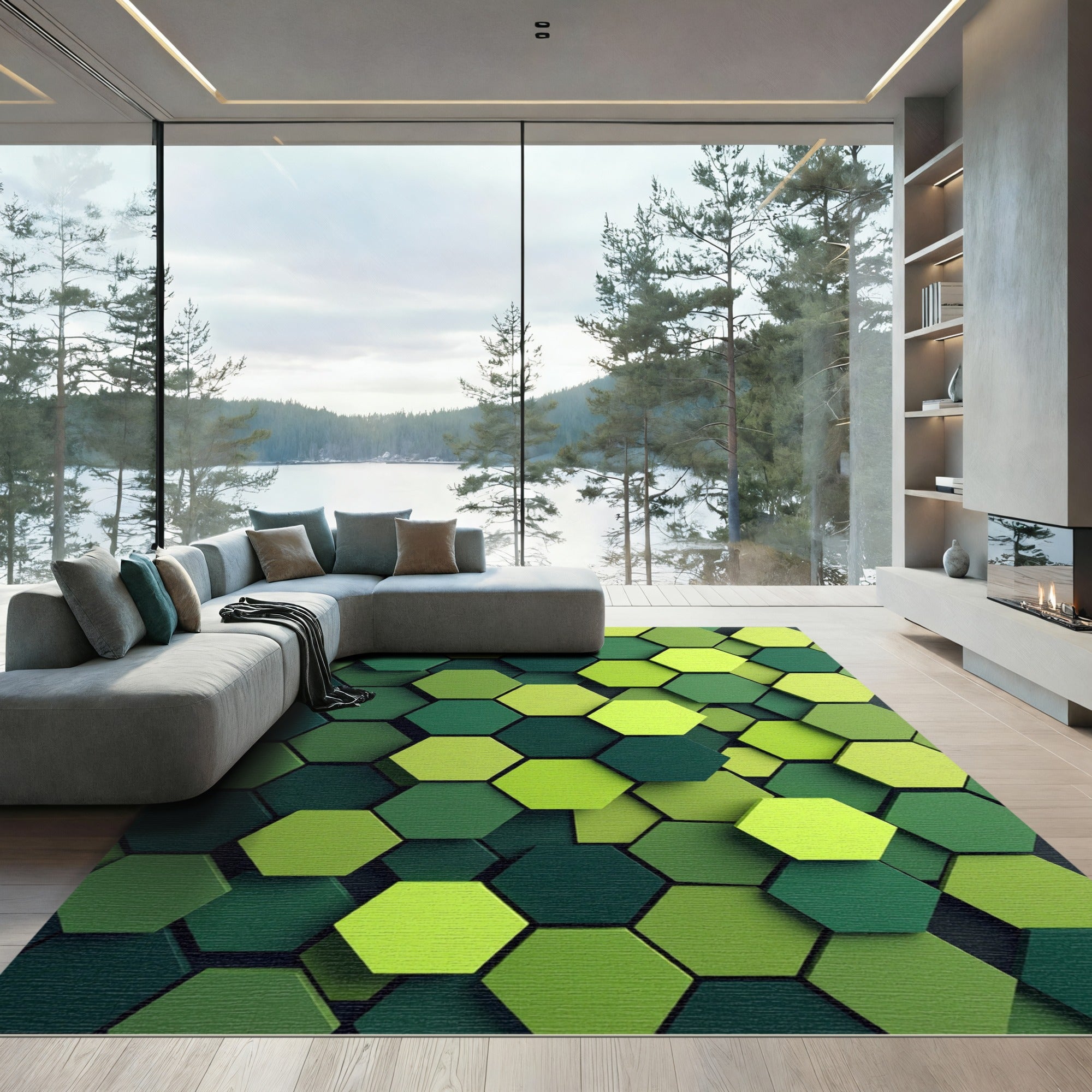 Gradient Green Hexagon Overlapping Texture Rug