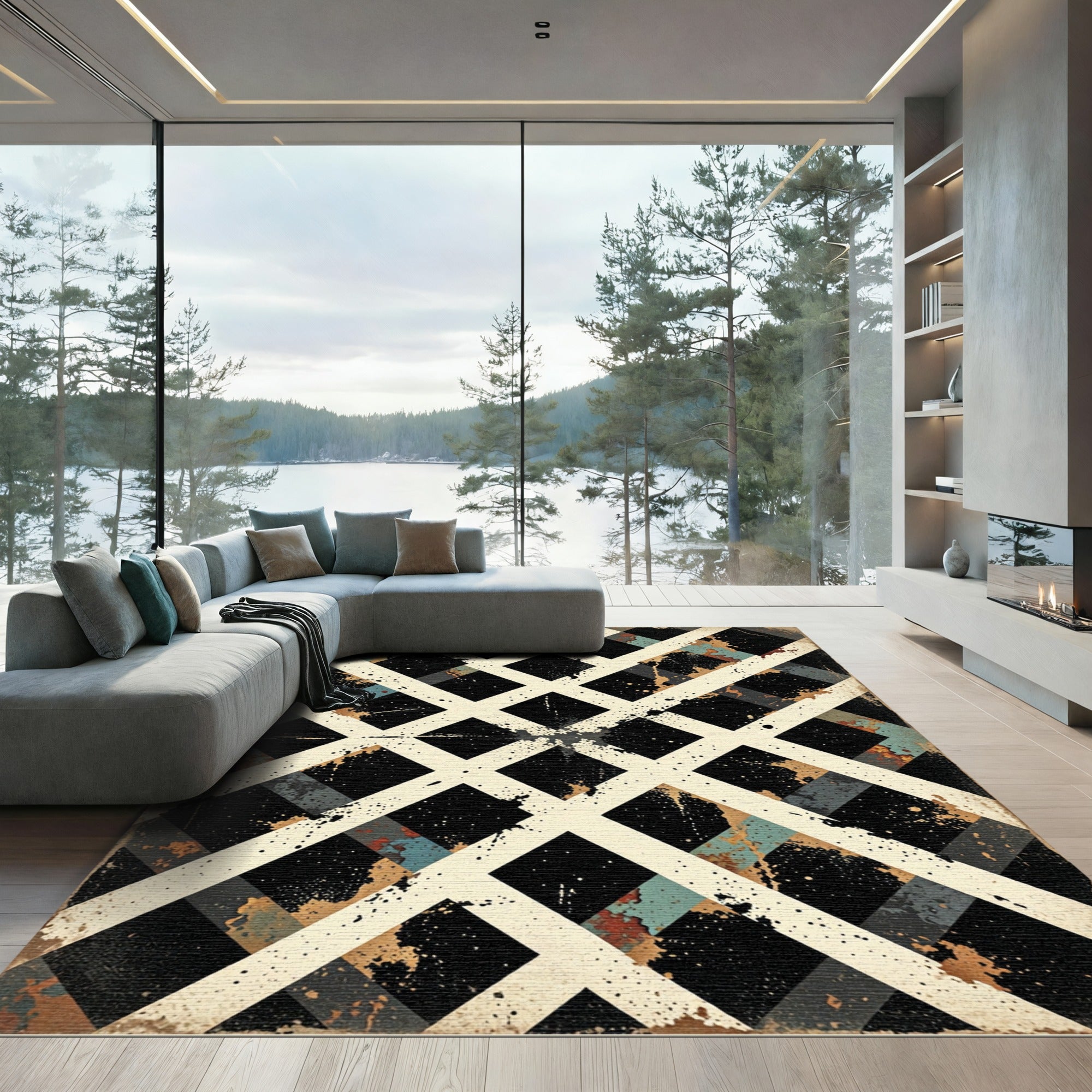 Distressed White Lattice Black Squares Rug