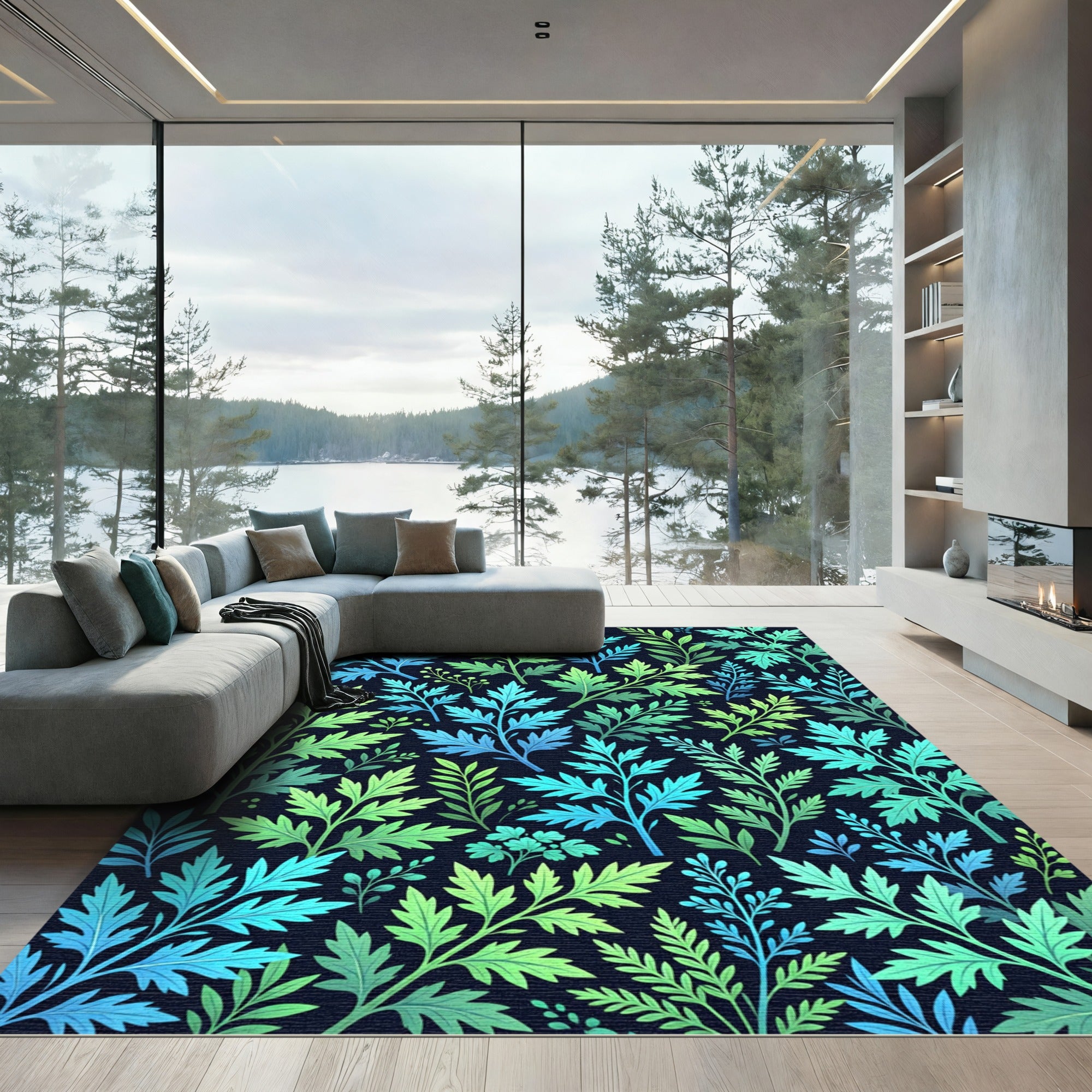 Teal Green Leafy Branch Arrangement Rug
