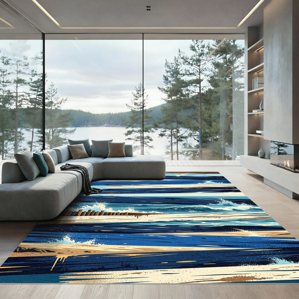 Coastal Navy and Sandy Beach Abstract Plank Rug