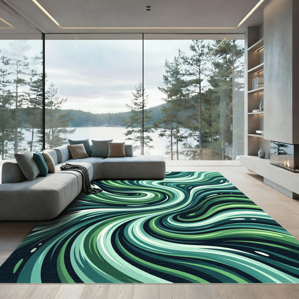 Abstract Emerald Verdant Flowing Swirl Rug