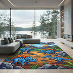 Vibrant Volcanic Blue Dinosaur Landscape Rug