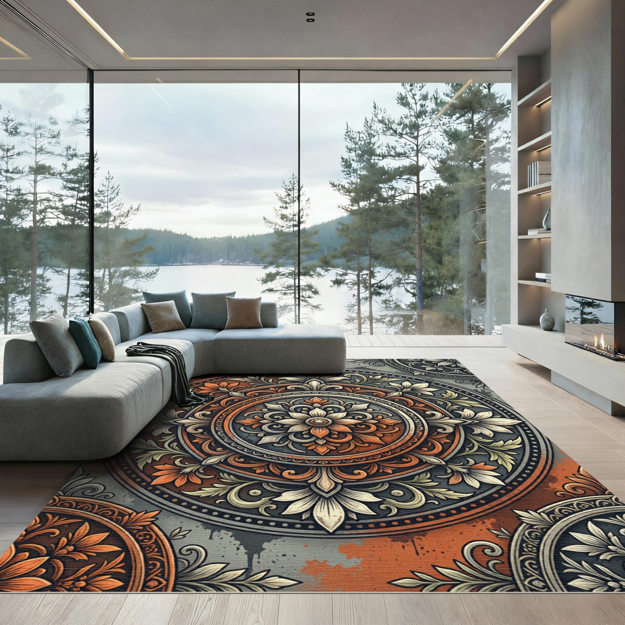 Terracotta Orange Floral Mandala Rug