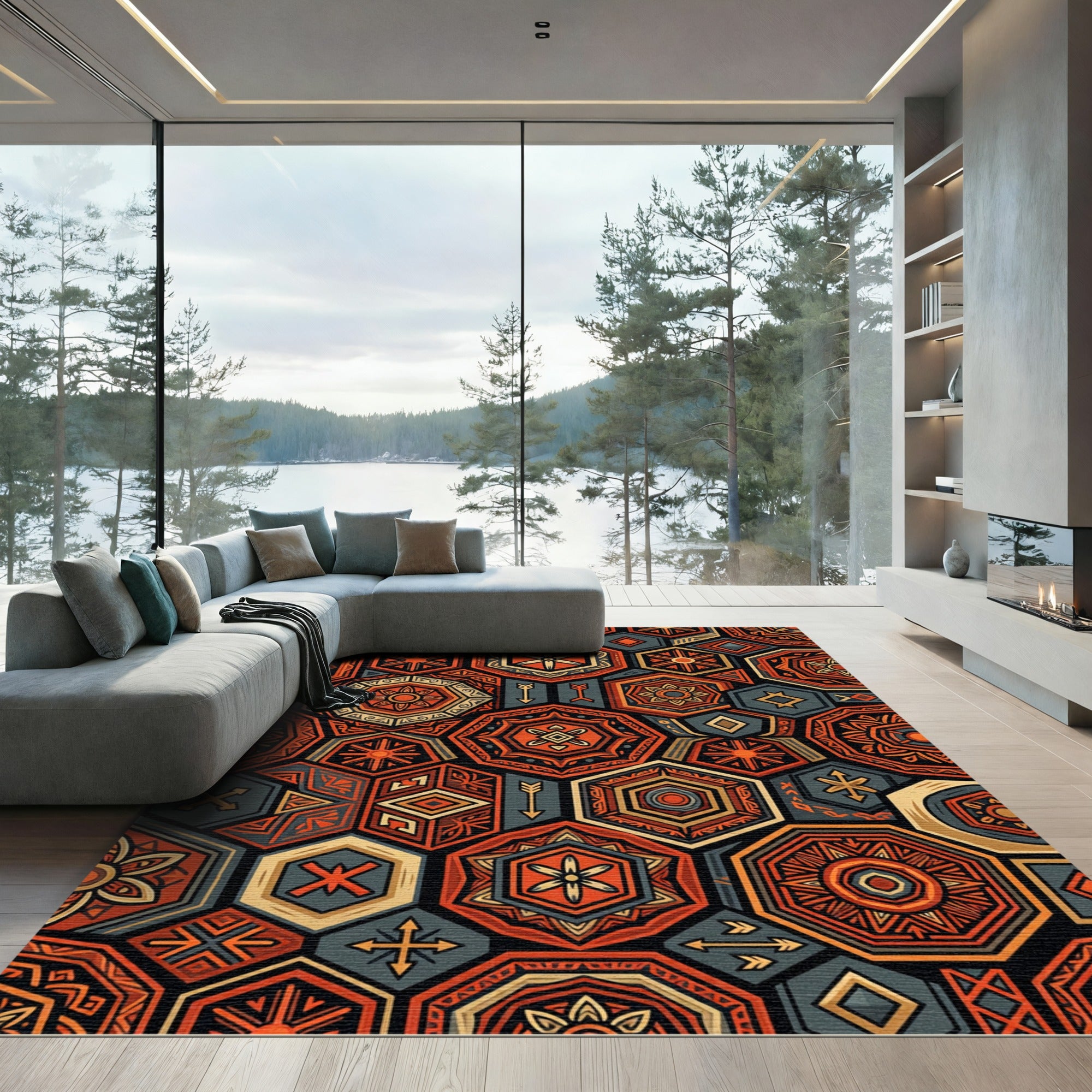 Tribal Hexagon Geometric Terracotta Ochre Art Rug