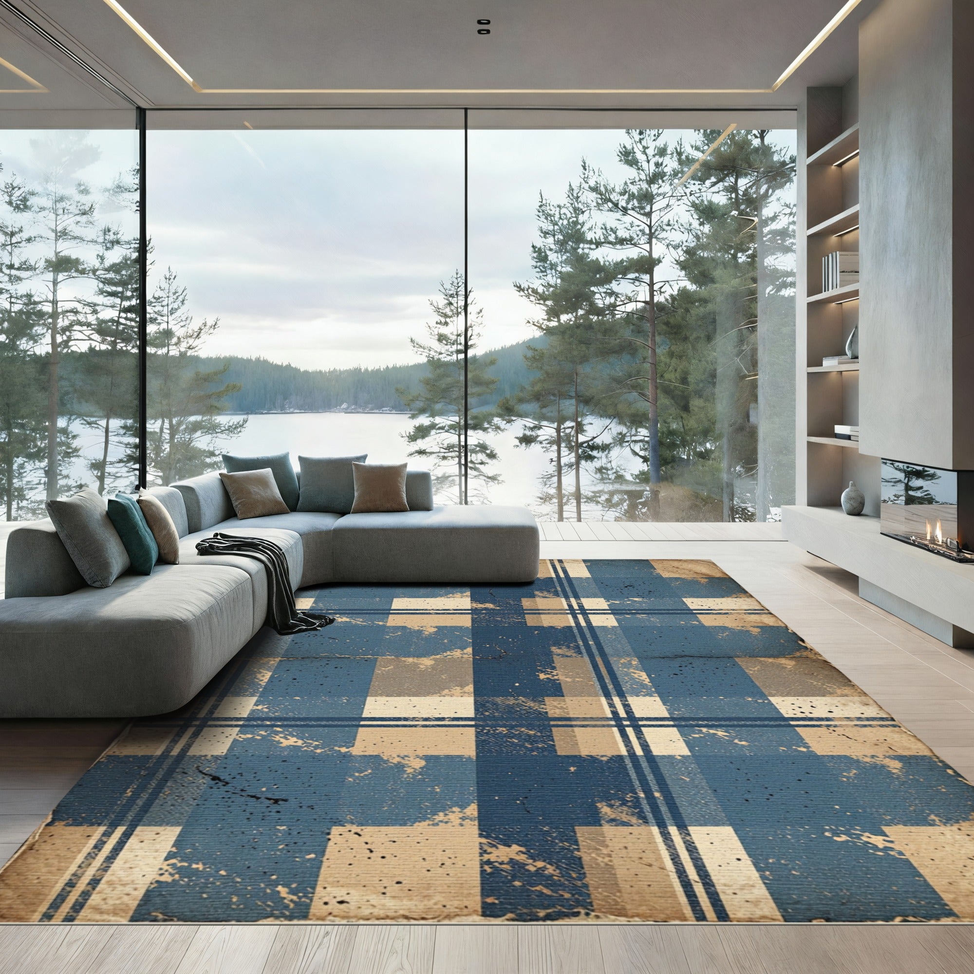 Rustic Blue Beige Plaid Grunge Rug