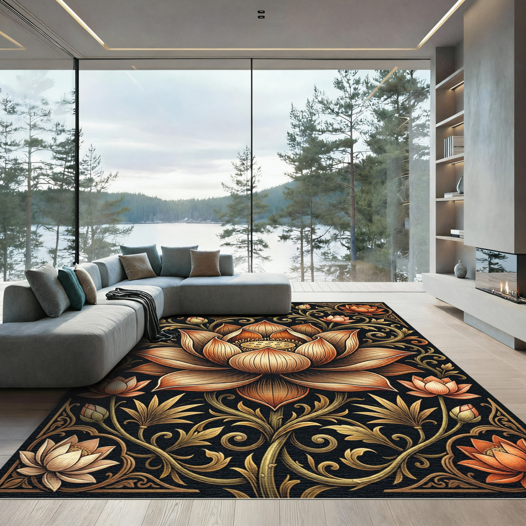 Ornate Golden Lotus Botanical Art Rug