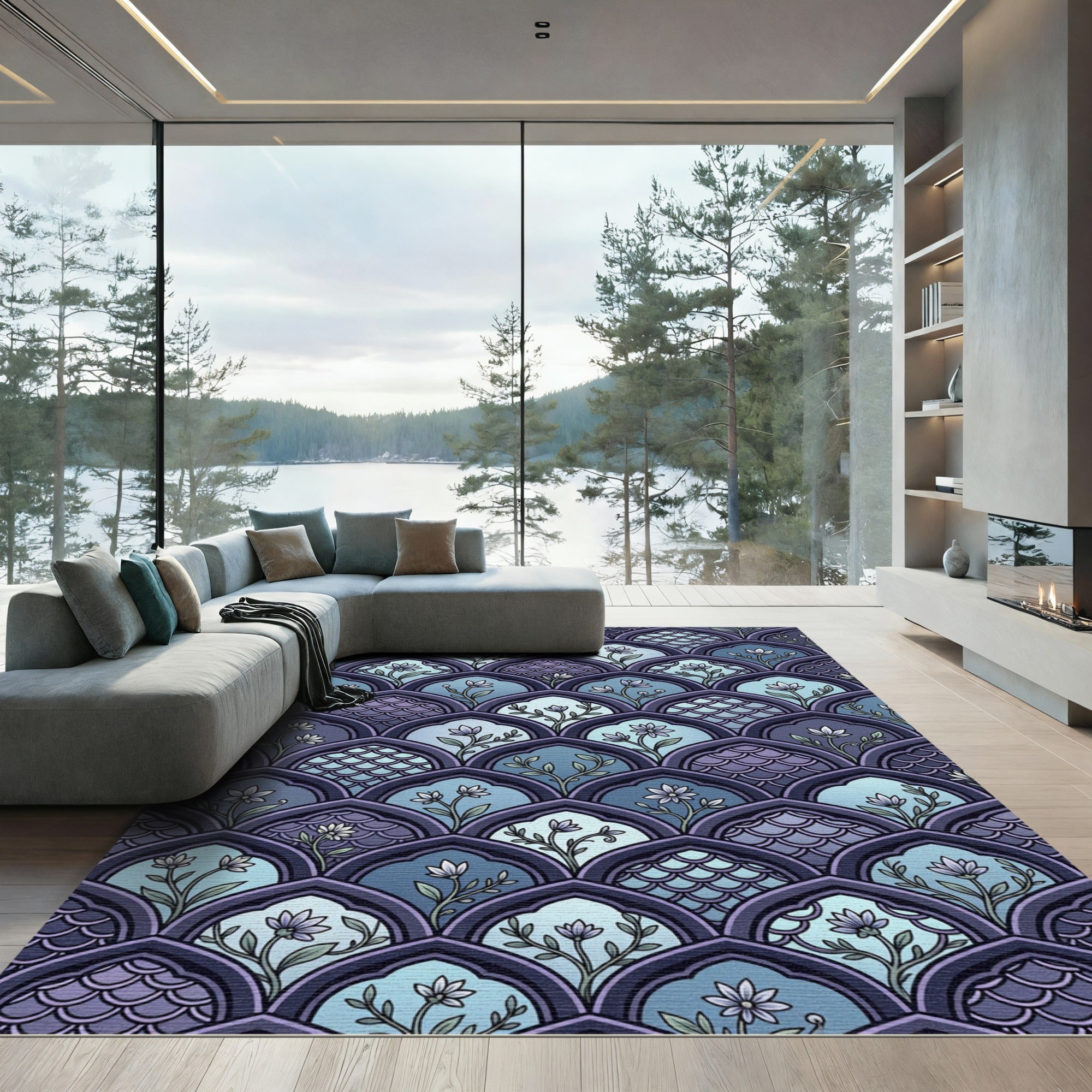 Indigo Floral Scalloped Arch Tile Rug