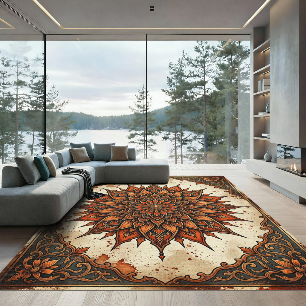 Vintage Burnt Orange Floral Mandala Rug