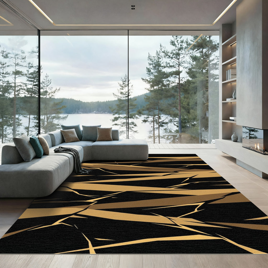 Earthy Gold Abstract Shattered Geometric Rug